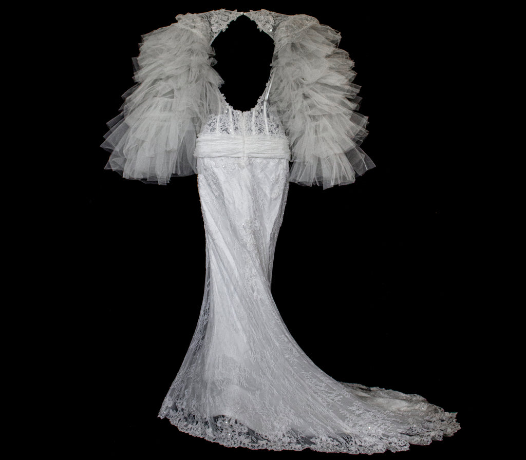 281 - SENSUAL BACKLESS BRIDAL GOWN: NUDE EFFECT EMBROIDERY & VAPOROUS TULLE RUFFLE SLEEVES