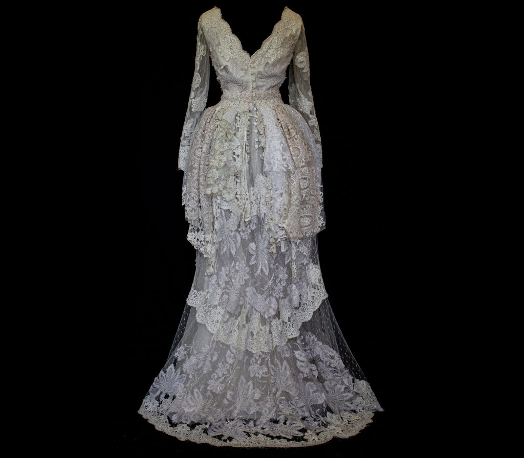 356 - VINTAGE 90s UPCYCLED LACE WEDDING DRESS: IVORY GOWN WITH POLKA DOT TULLE & ANTIQUE MACRAME DETAILS - Vague atelier