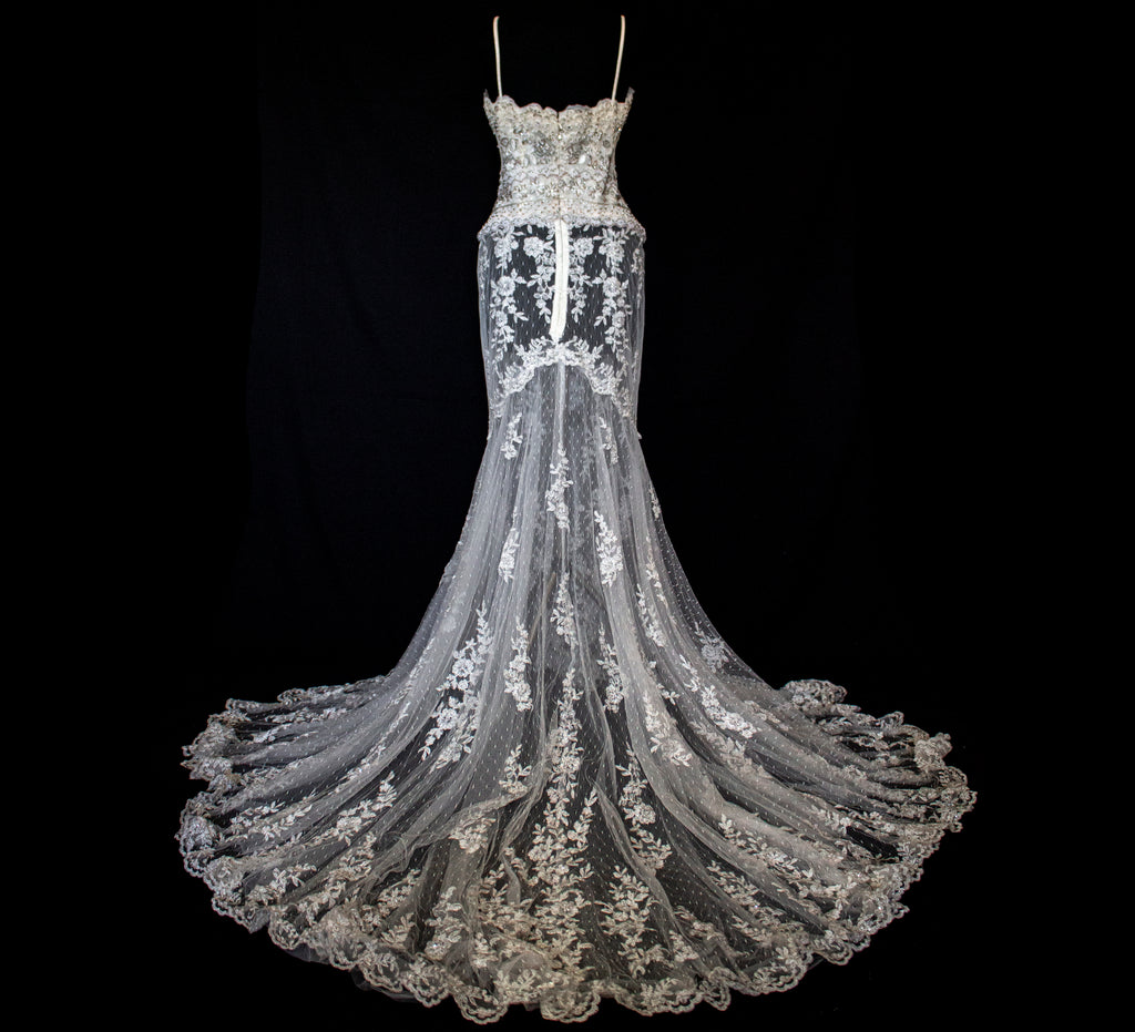 239 - VINTAGE OFF-WHITE MERMAID SWAROVSKI WEDDING DRESS: GOWN WITH NUDE POLKA DOT TULLE & SILVER FLORAL EMBROIDERY