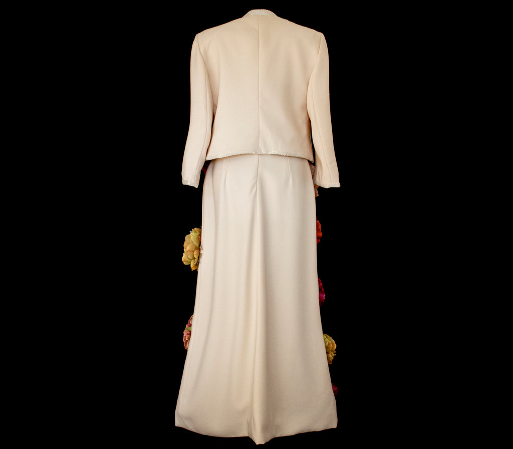 326 - SUSTAINABLE VINTAGE BRIDAL SET: WOOL CREPE DRESS & JACKET WITH COLORFUL PEONIES