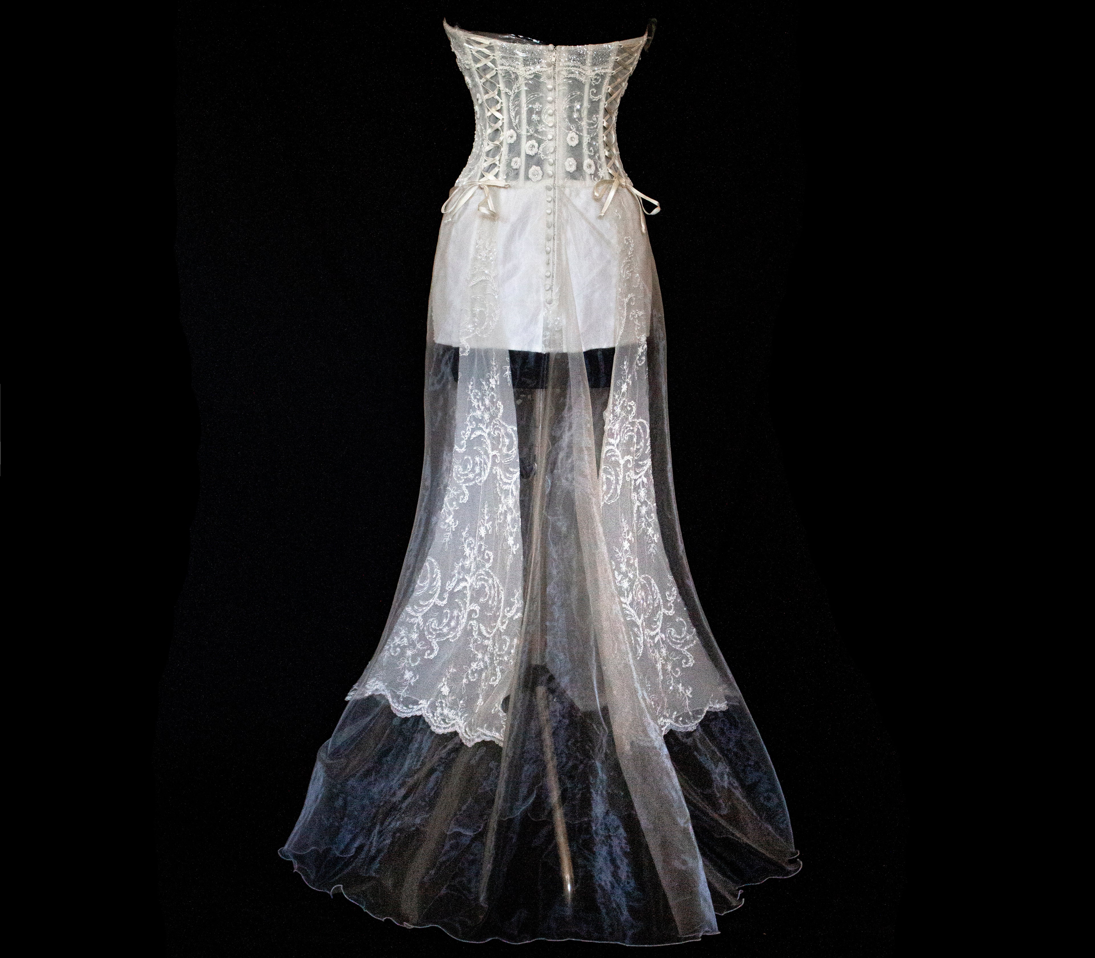 365 - VINTAGE 90s UPCYCLED EMBROIDERED WEDDING DRESS: STRAPLESS WRAP GOWN WITH IRIDESCENT DRAMA CAPE