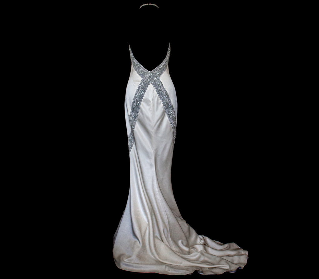 291 - OLD HOLLYWOOD VINTAGE MERMAID BRIDAL GOWN: BACKLESS SILK SATIN & ART DECO SILVER BEADING