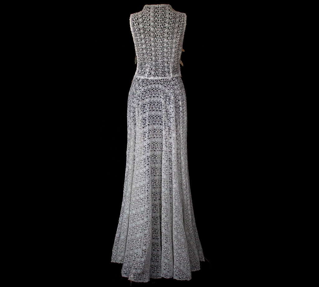 265 - RARE BOHO VINTAGE MACRAMÉ LACE SHIRT-DRESS: SOPHISTICATED CHEMISIER BRIDAL GOWN WITH SILVER SEQUINS - Vague atelier