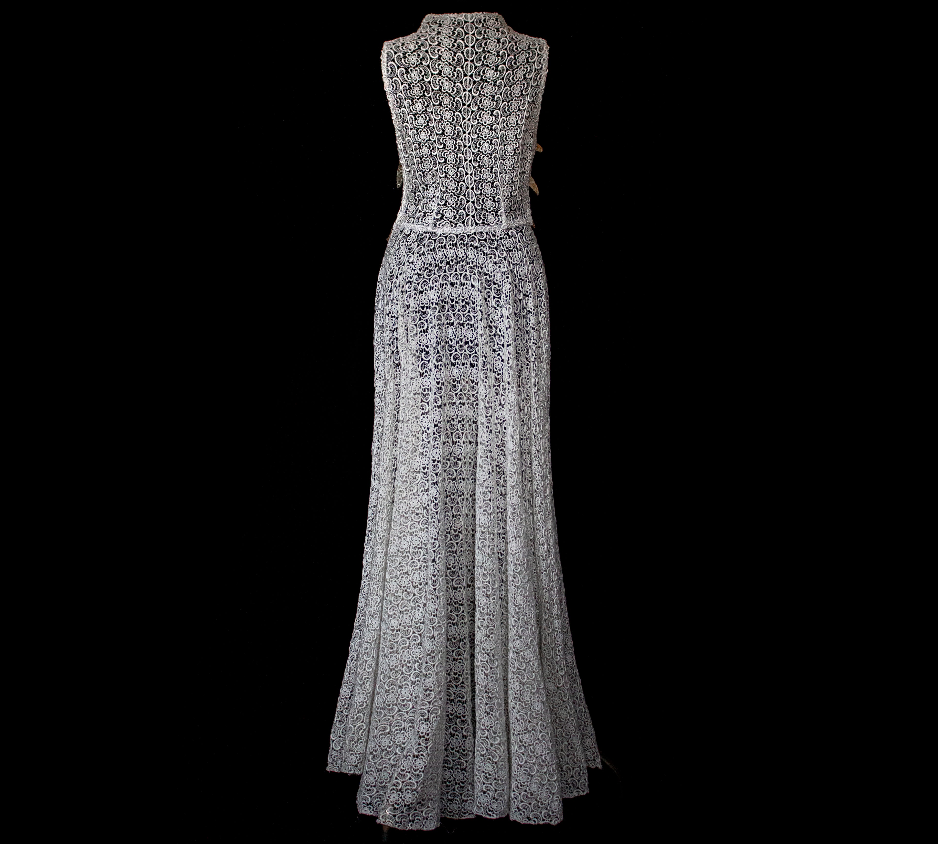 265 - RARE BOHO VINTAGE MACRAMÉ LACE SHIRT-DRESS: SOPHISTICATED CHEMISIER BRIDAL GOWN WITH SILVER SEQUINS - Vague atelier