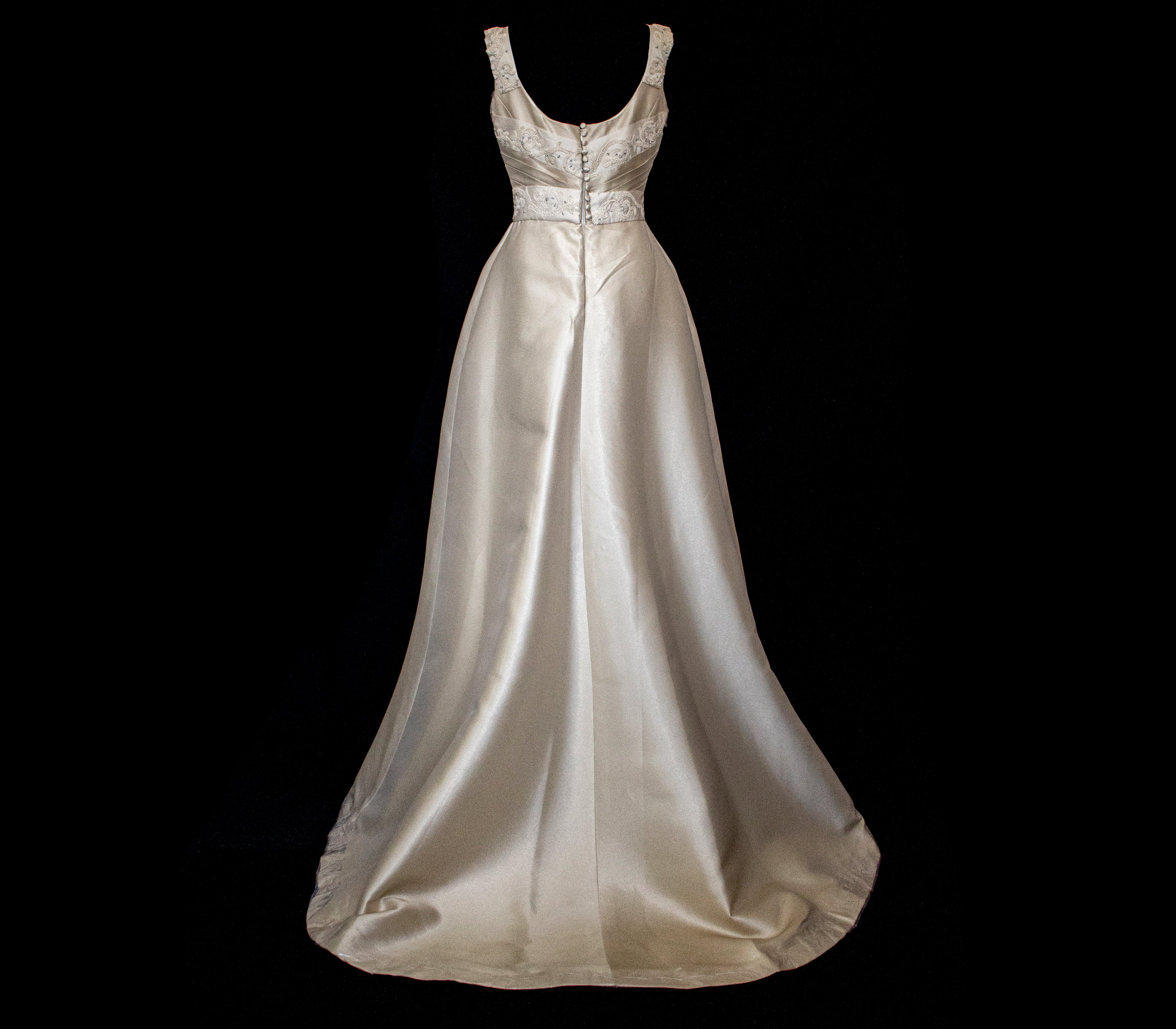 307 - REGAL BRONZE SILK MIKADO WEDDING DRESS: A-LINE GOWN WITH ANTIQUE 1960S EMBROIDERY
