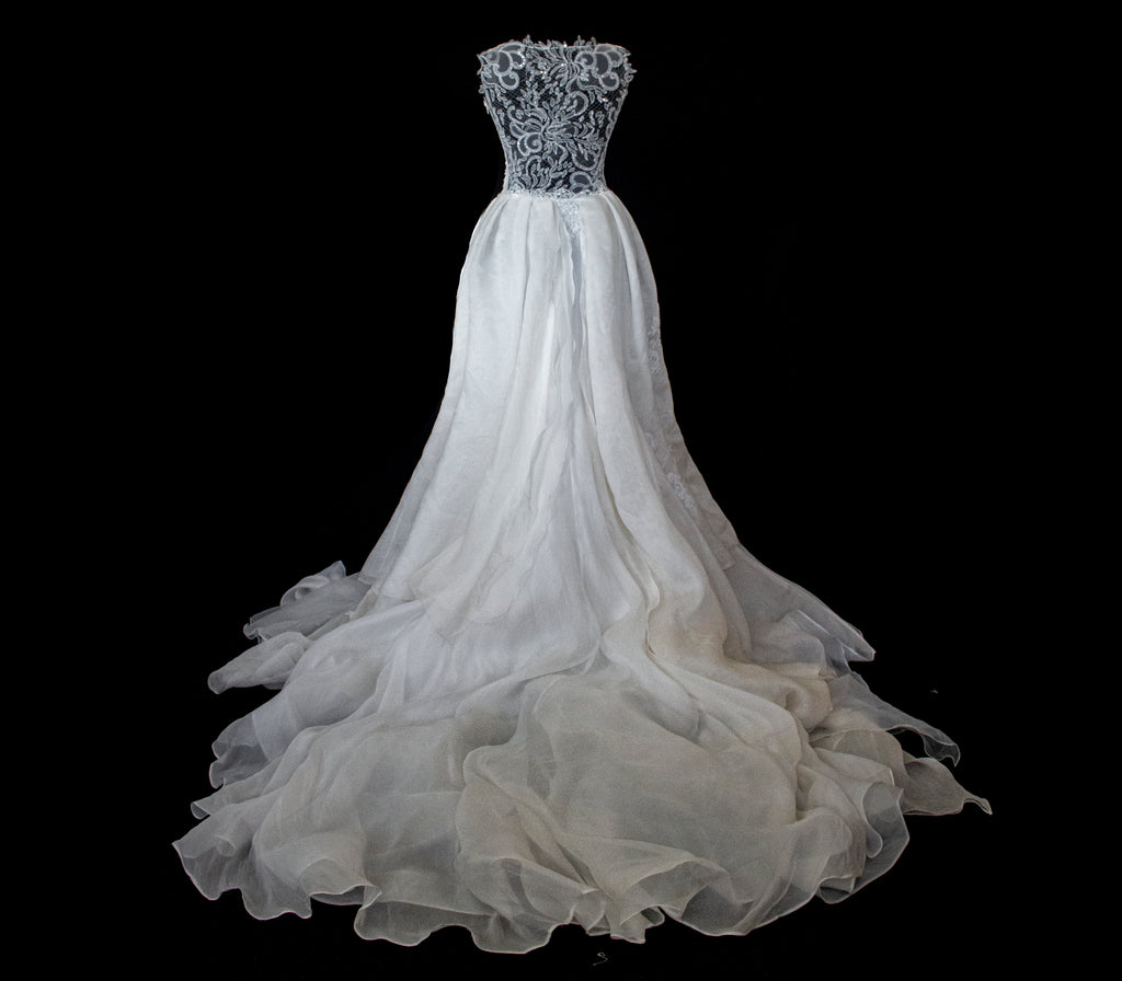 331 - ONE OF A KIND UPCYCLED VINTAGE BRIDAL GOWN: ASYMMETRIC LAYERED SILK CLOUD SKIRT & EMBROIDERED LACE - Vague atelier