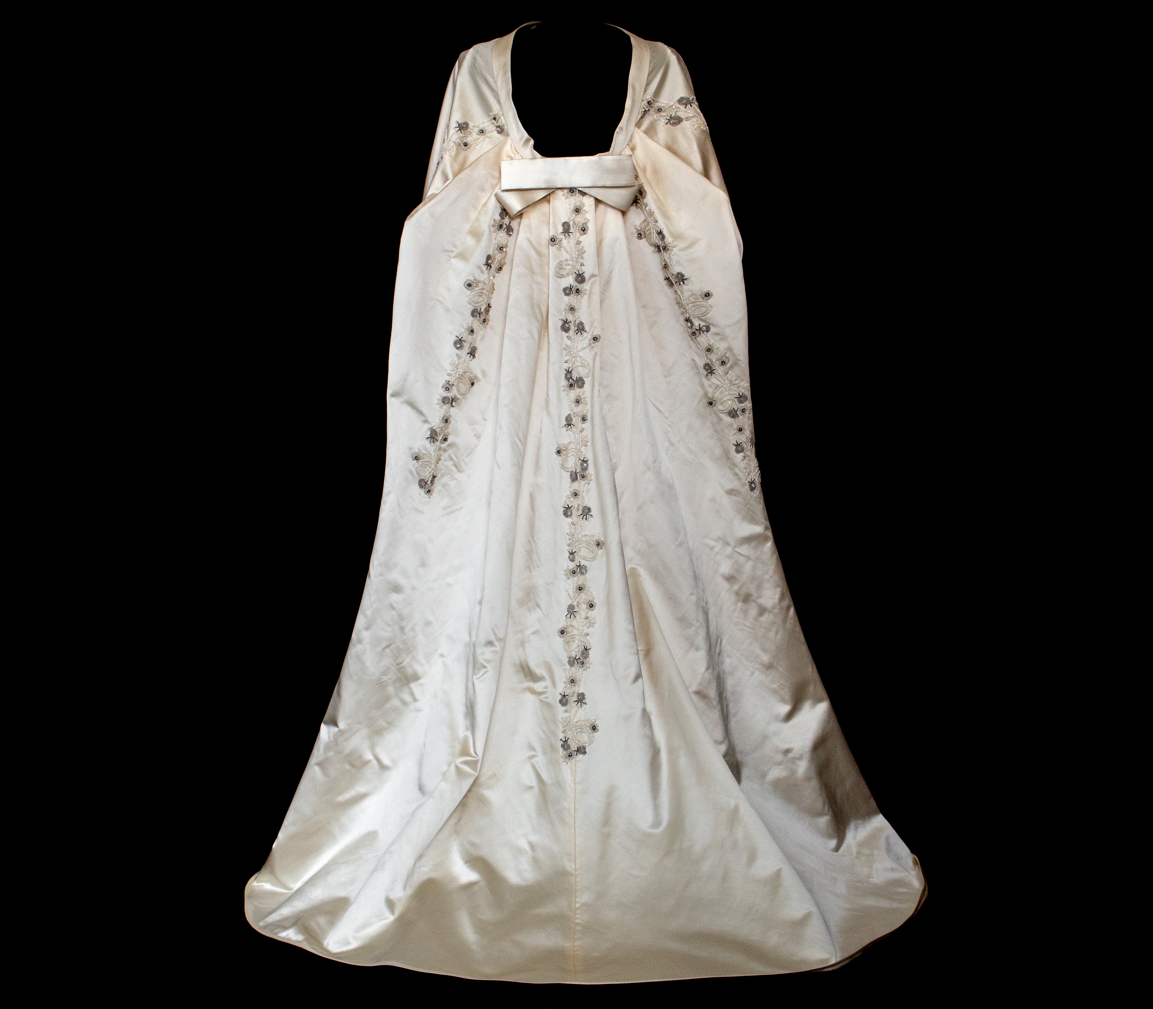 347 - UNIQUE UPCYCLED SILK SATIN WEDDING DRESS: POWDER PINK SLIP GOWN & IVORY CAPE ENSEMBLE, SILVER FLORAL EMBROIDERY, BOHO LUXURY
