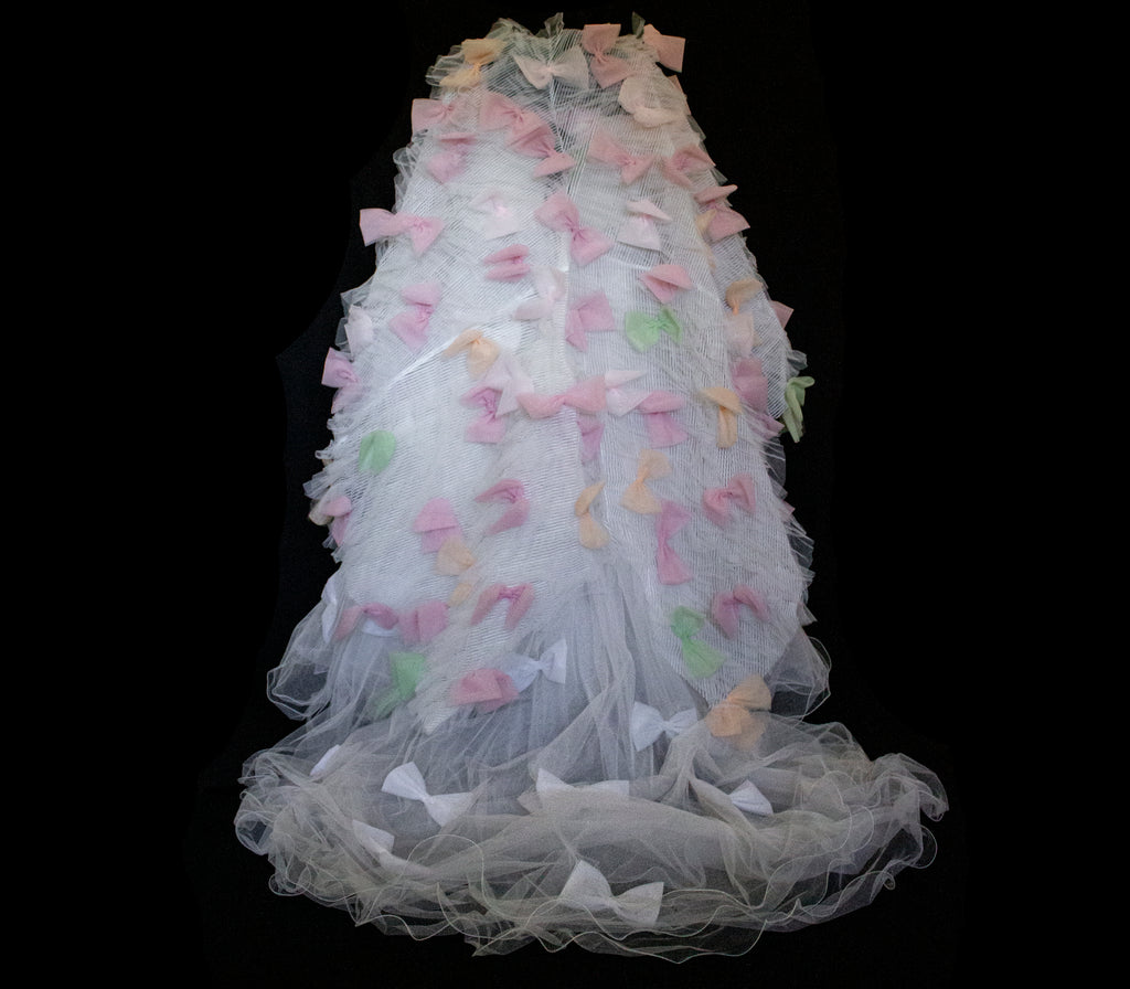 363 - VINTAGE 90s UPCYCLED TULLE 3-PIECE WEDDING DRESS: EMBROIDERED GOWN WITH HANDMADE BOWS AND CAPE