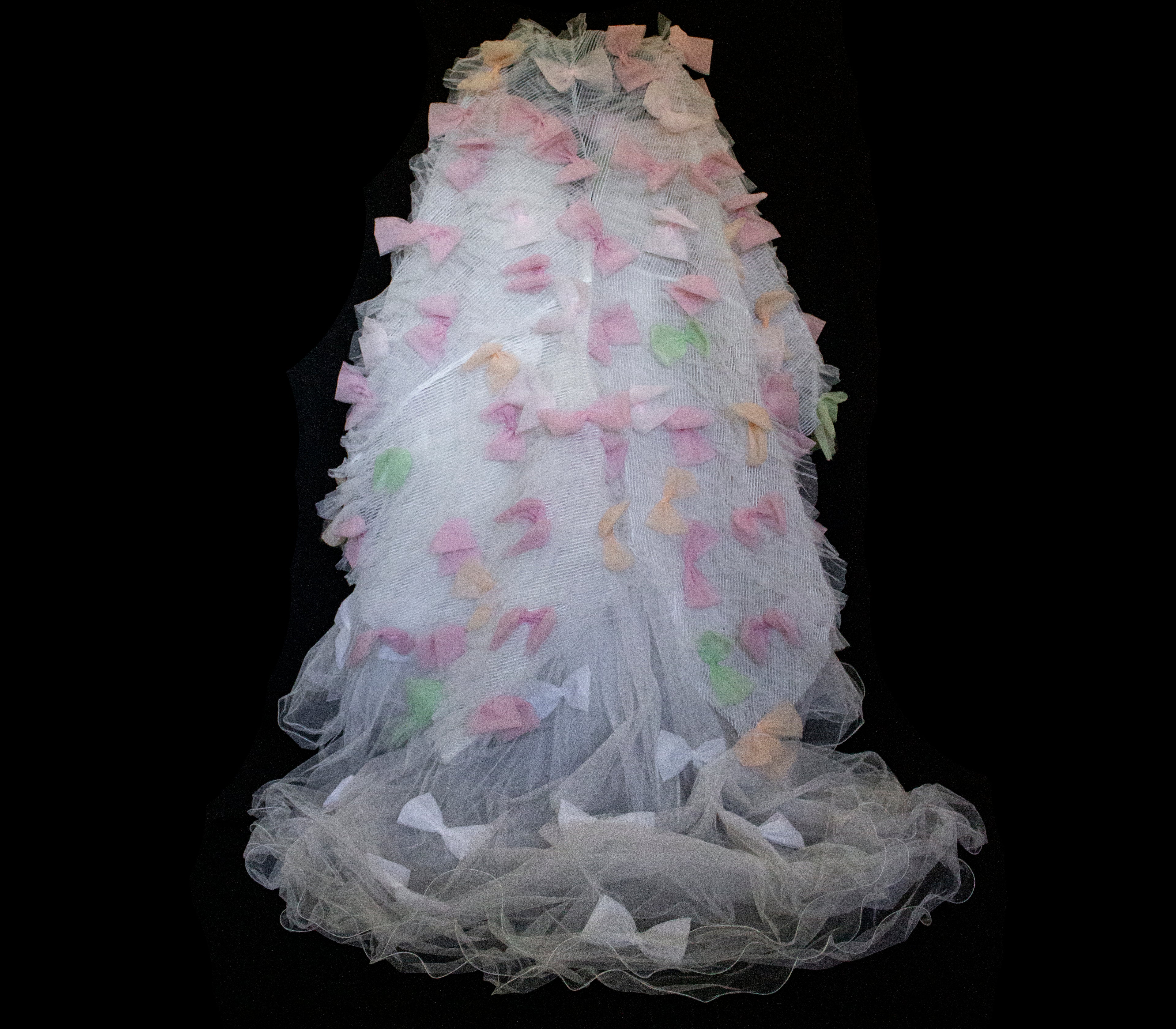 363 - VINTAGE 90s UPCYCLED TULLE 3-PIECE WEDDING DRESS: EMBROIDERED GOWN WITH HANDMADE BOWS AND CAPE