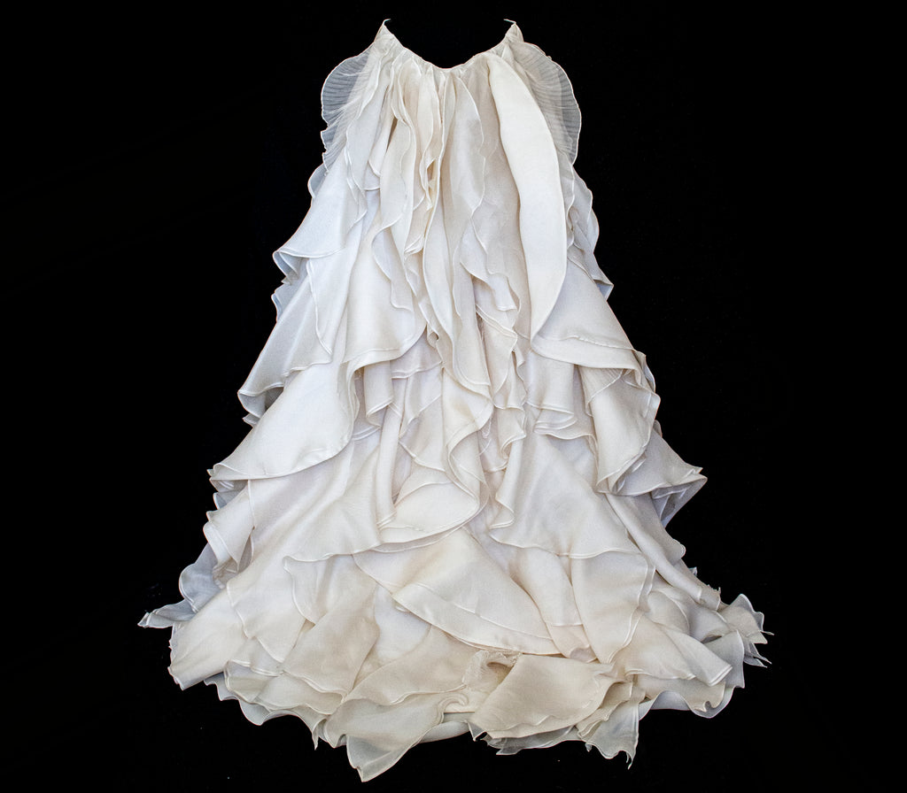 320 - LUXURY PURE SILK VINTAGE BRIDAL GOWN: A-LINE LACE DRESS WITH DETACHABLE RUFFLED CAPE