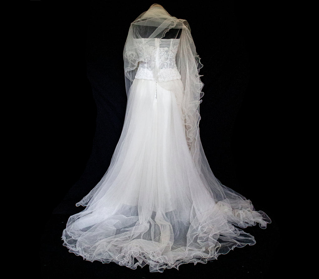 361 - VINTAGE PRINCESS WEDDING DRESS: ECRU SILK TULLE GOWN WITH EMBROIDERED STRAPLESS BODICE