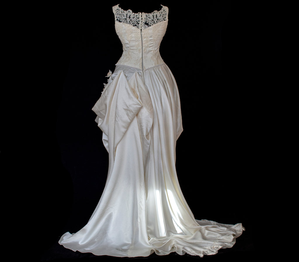 337 - IVORY CHAMPAGNE UPCYCLED COUTURE WEDDING DRESS: MIXED VINTAGE SILKS WITH HAND-EMBROIDERED LACE & FLORAL RAMAGE - Vague atelier