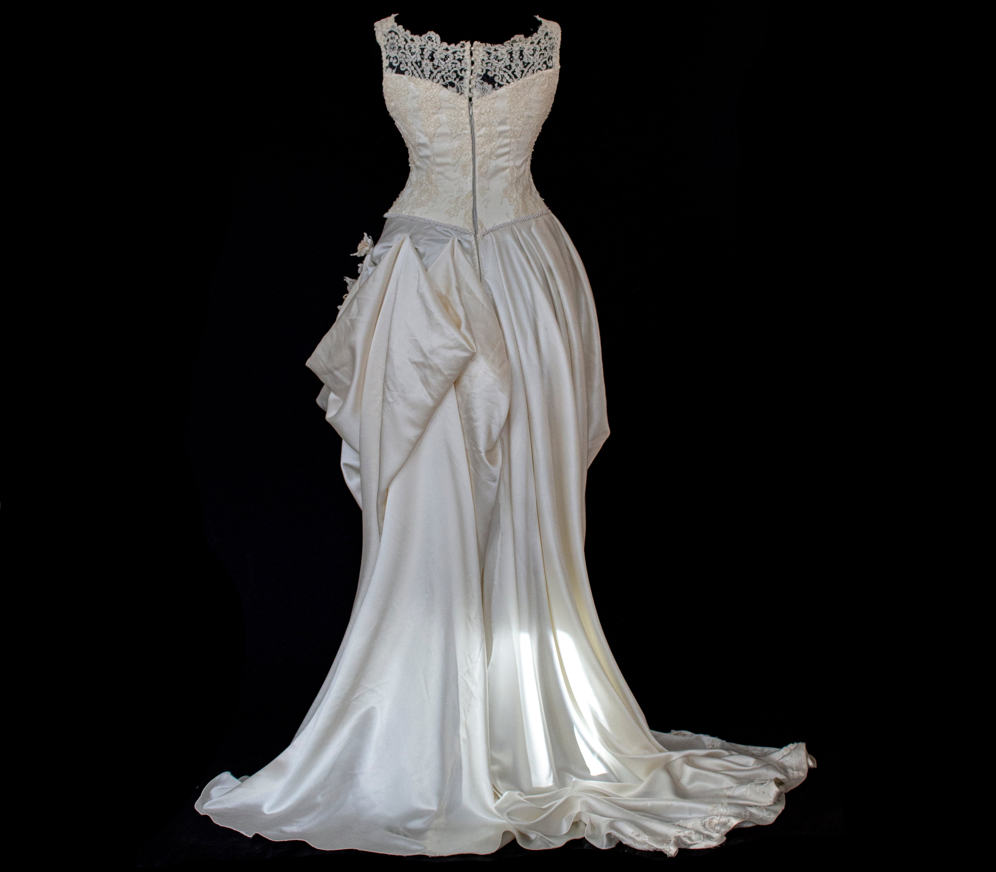 337 - IVORY CHAMPAGNE UPCYCLED COUTURE WEDDING DRESS: MIXED VINTAGE SILKS WITH HAND-EMBROIDERED LACE & FLORAL RAMAGE - Vague atelier