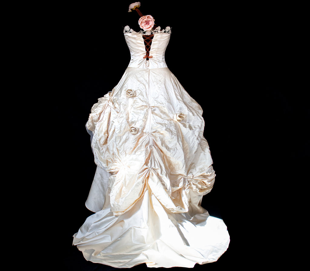 348 - UNIQUE UPCYCLED SILK MERMAID WEDDING DRESS: 90S CREAM TAFFETA GOWN WITH PINK PEONIES, EMBOSSED FLORAL DETAILS & BOHO ROMANTIC STYLE