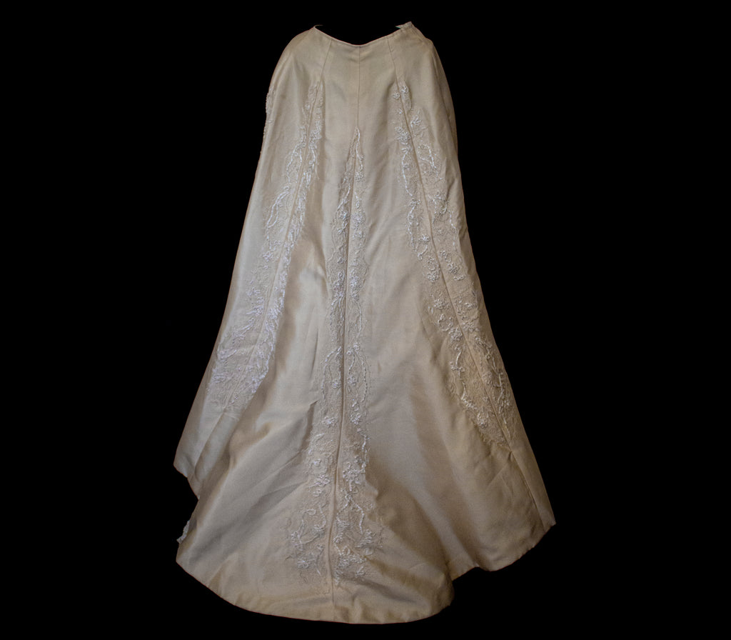 334 - IVORY SILK MIKADO VINTAGE WEDDING DRESS: COLUMN GOWN WITH EMBROIDERED CAPE & CRYSTALS - Vague atelier