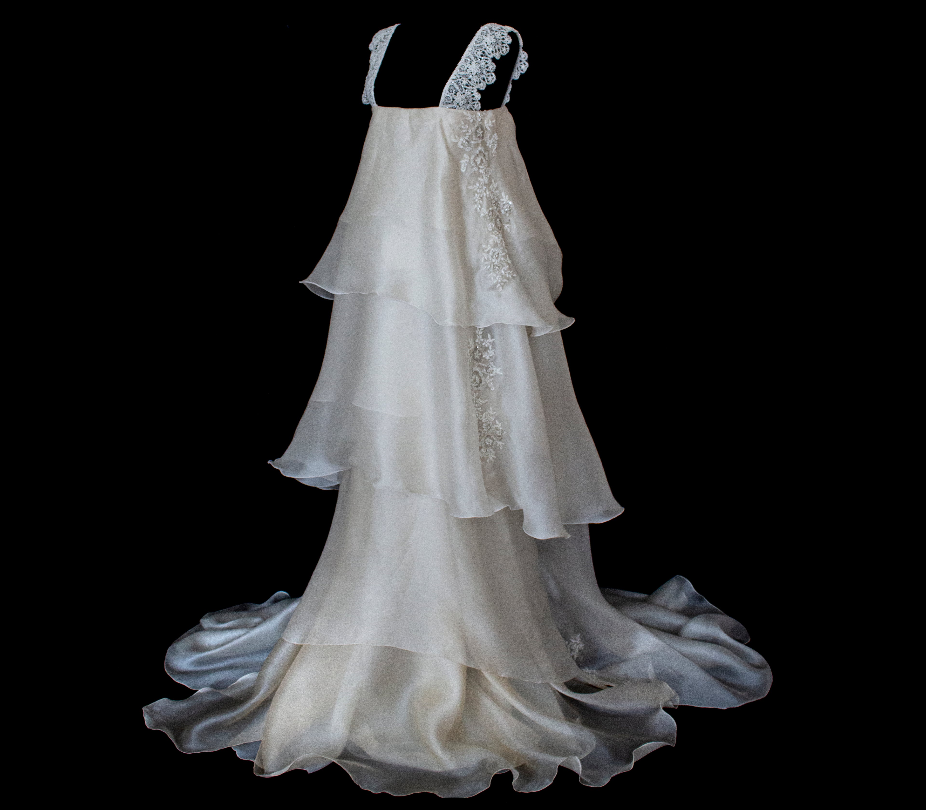 344 - UNIQUE UPCYCLED SILK ORGANZA WEDDING DRESS: PEARL GREY & BRONZE RUFFLED GOWN, SILVER EMBROIDERY, LUXURY SUSTAINABLE BRIDAL DRESS - Vague atelier