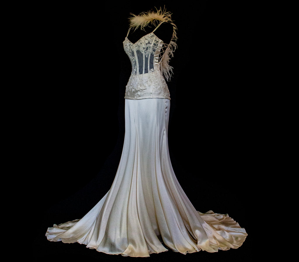 362 - VINTAGE 90s SILK BRIDAL TWO PIECE SET: EMBROIDERED BUSTIER AND FLUID CREAM SKIRT