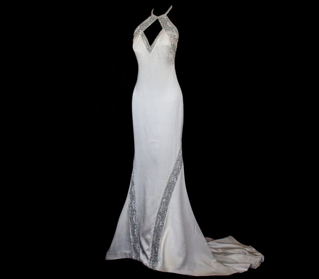 291 - OLD HOLLYWOOD VINTAGE MERMAID BRIDAL GOWN: BACKLESS SILK SATIN & ART DECO SILVER BEADING