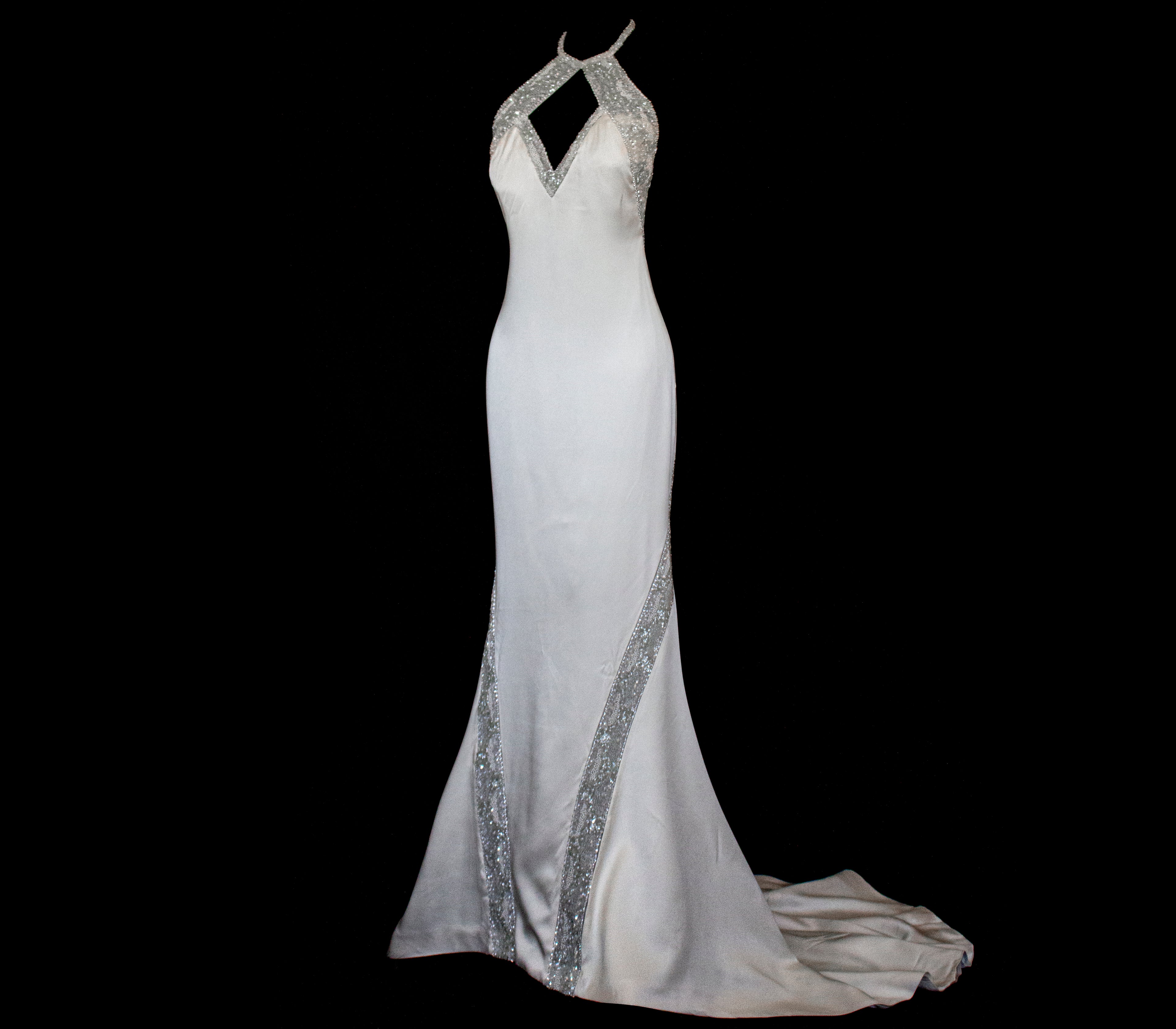 291 - OLD HOLLYWOOD VINTAGE MERMAID BRIDAL GOWN: BACKLESS SILK SATIN & ART DECO SILVER BEADING