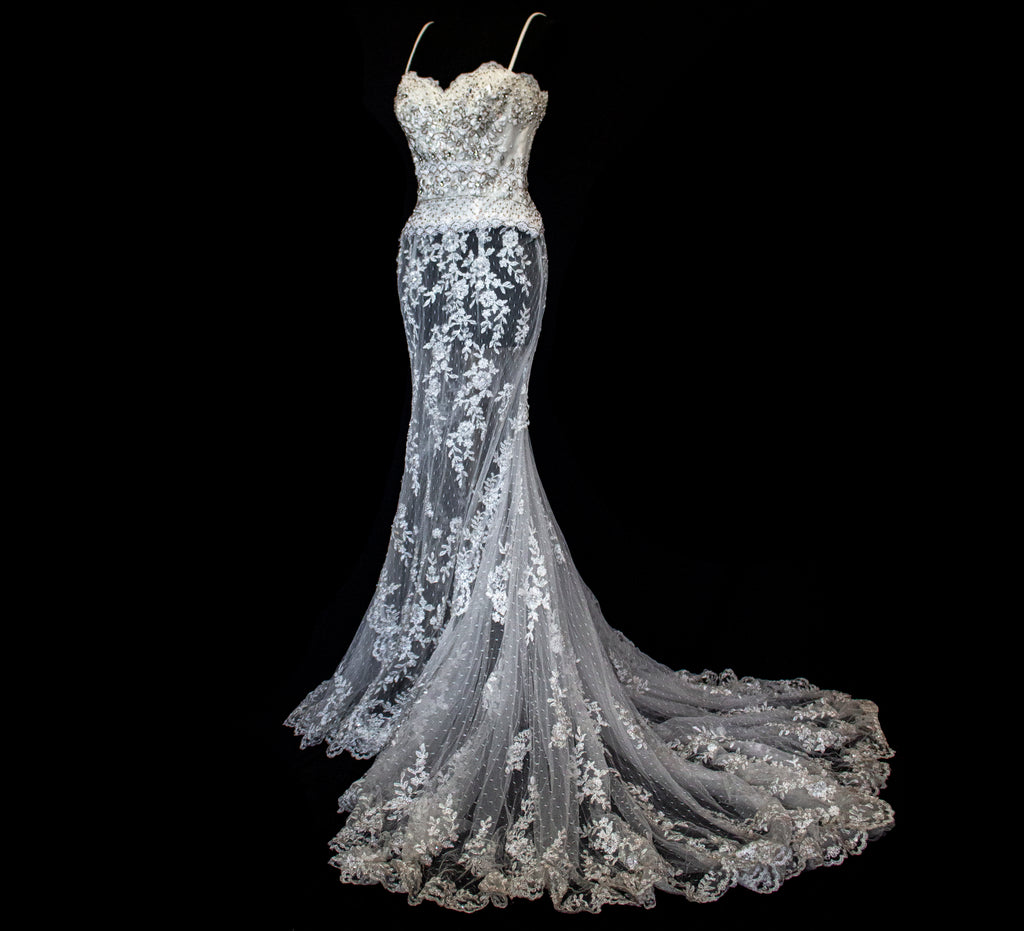 239 - VINTAGE OFF-WHITE MERMAID SWAROVSKI WEDDING DRESS: GOWN WITH NUDE POLKA DOT TULLE & SILVER FLORAL EMBROIDERY