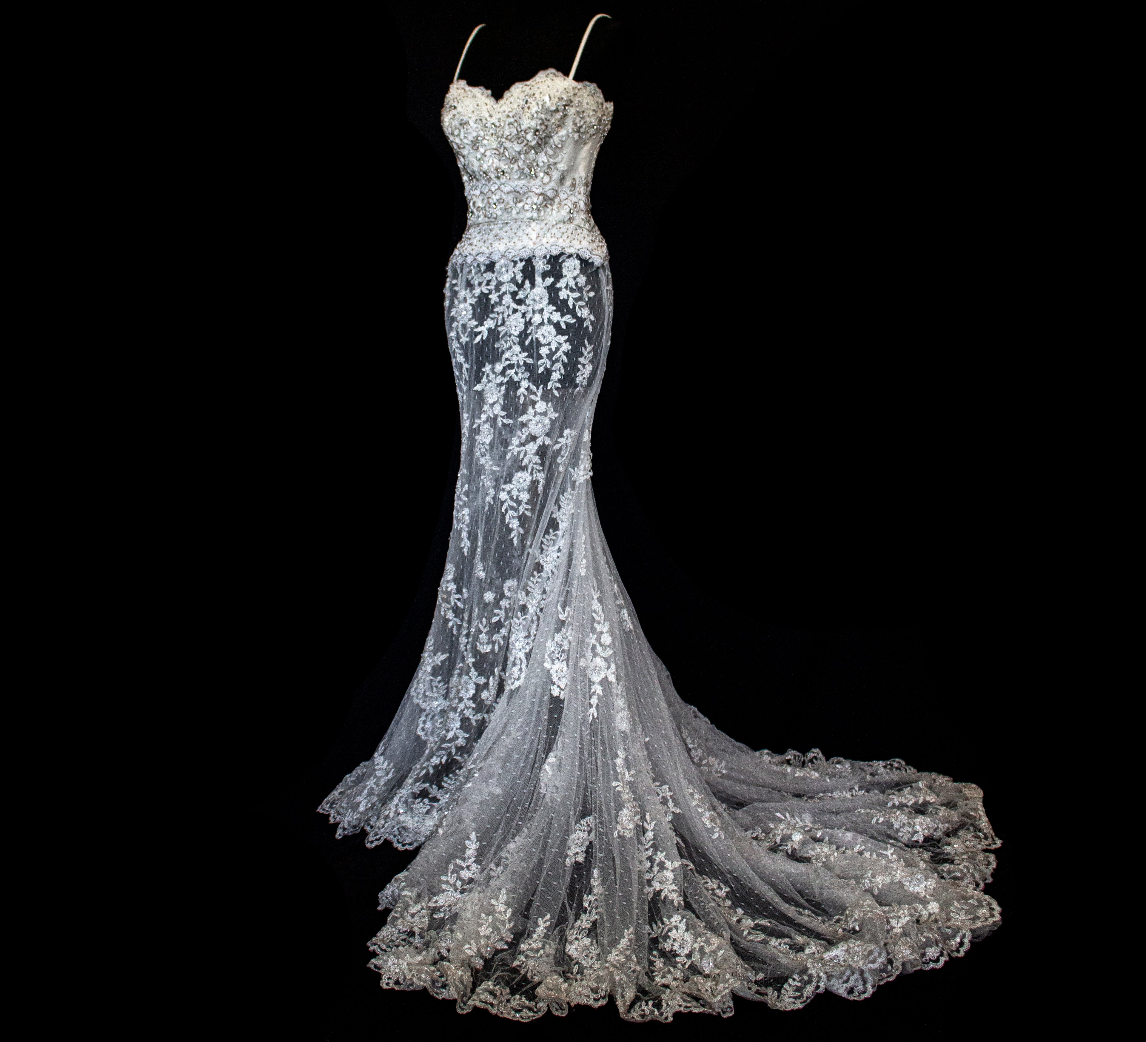 239 - VINTAGE OFF-WHITE MERMAID SWAROVSKI WEDDING DRESS: GOWN WITH NUDE POLKA DOT TULLE & SILVER FLORAL EMBROIDERY