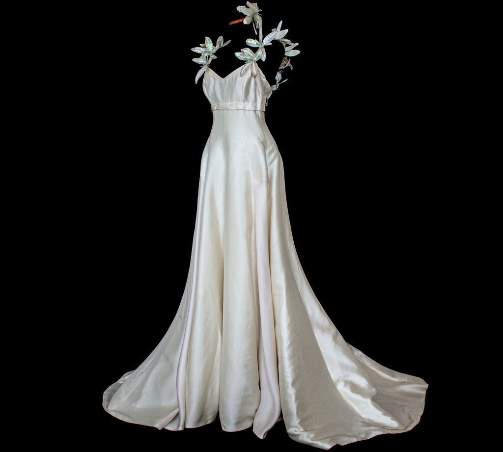 262 - RARE VINTAGE CHAMPAGNE BRIDAL GOWN: SILK MIKADO WITH AUTHENTIC 80S SEQUIN MAXI FLOWERS