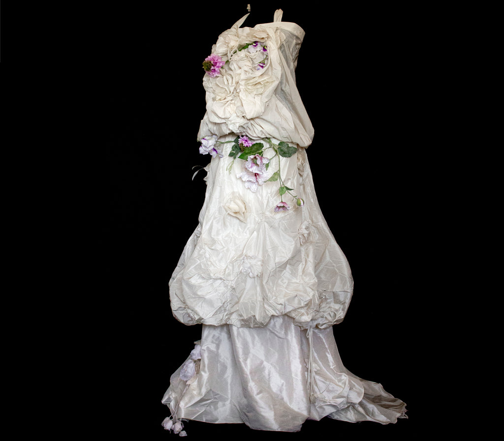 297- UNIQUE ROMANTIC VINTAGE SILK TAFFETA ENSEMBLE: BALLOON TOP & 3D MULTICOLOR FLORAL SKIRT - Vague atelier