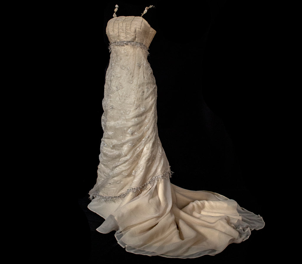336 - DARK BEIGE SILK EMPIRE WEDDING DRESS: VINTAGE 90s GOWN WITH ROARING 20s DETAILS & SILVER EMBROIDERY - Vague atelier