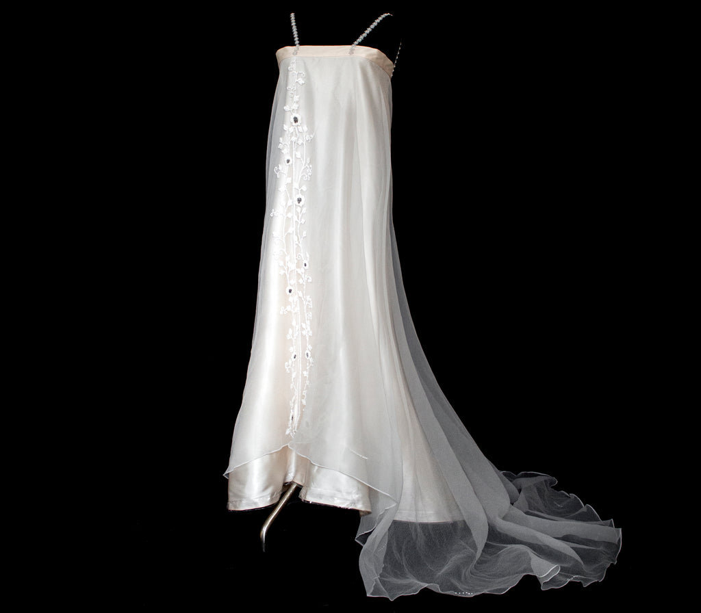 347 - UNIQUE UPCYCLED SILK SATIN WEDDING DRESS: POWDER PINK SLIP GOWN & IVORY CAPE ENSEMBLE, SILVER FLORAL EMBROIDERY, BOHO LUXURY