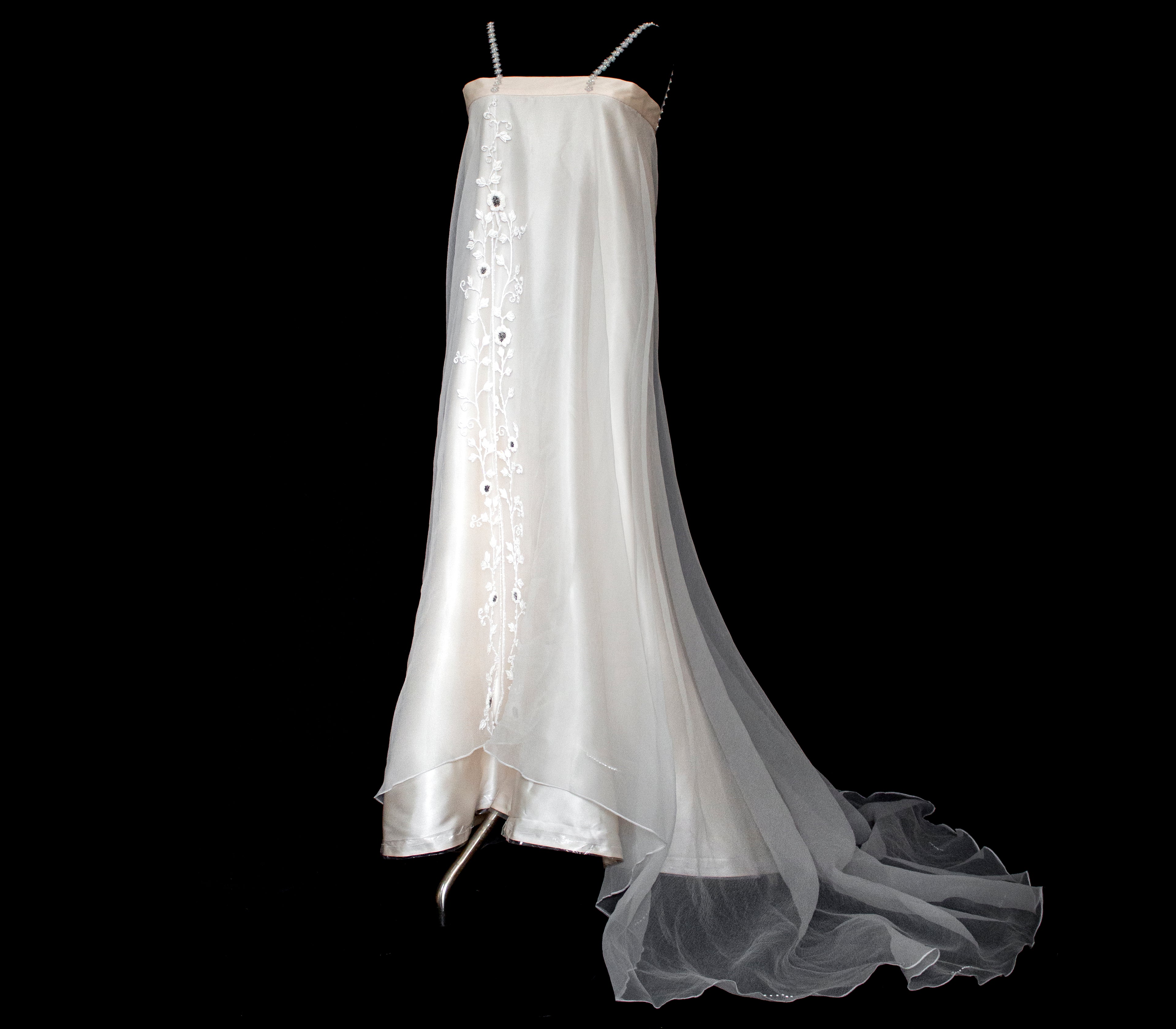 347 - UNIQUE UPCYCLED SILK SATIN WEDDING DRESS: POWDER PINK SLIP GOWN & IVORY CAPE ENSEMBLE, SILVER FLORAL EMBROIDERY, BOHO LUXURY