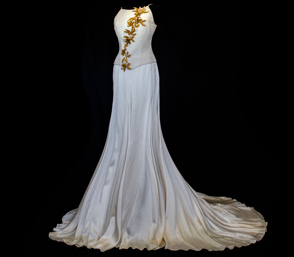 300 - SOPHISTICATED PURE SILK VINTAGE BRIDAL SET: HALTER TOP WITH ANTIQUE GOLD SEQUIN FLOWERS & MATCHING VEIL - Vague atelier