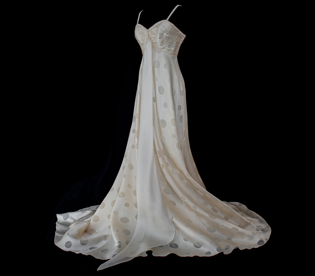 338 - IVORY CHAMPAGNE SILK ORGANZA WEDDING DRESS: POLKA / POIS DOT EMPIRE GOWN WITH BEADED STRAPS & FULL CIRCLE TRAIN - Vague atelier