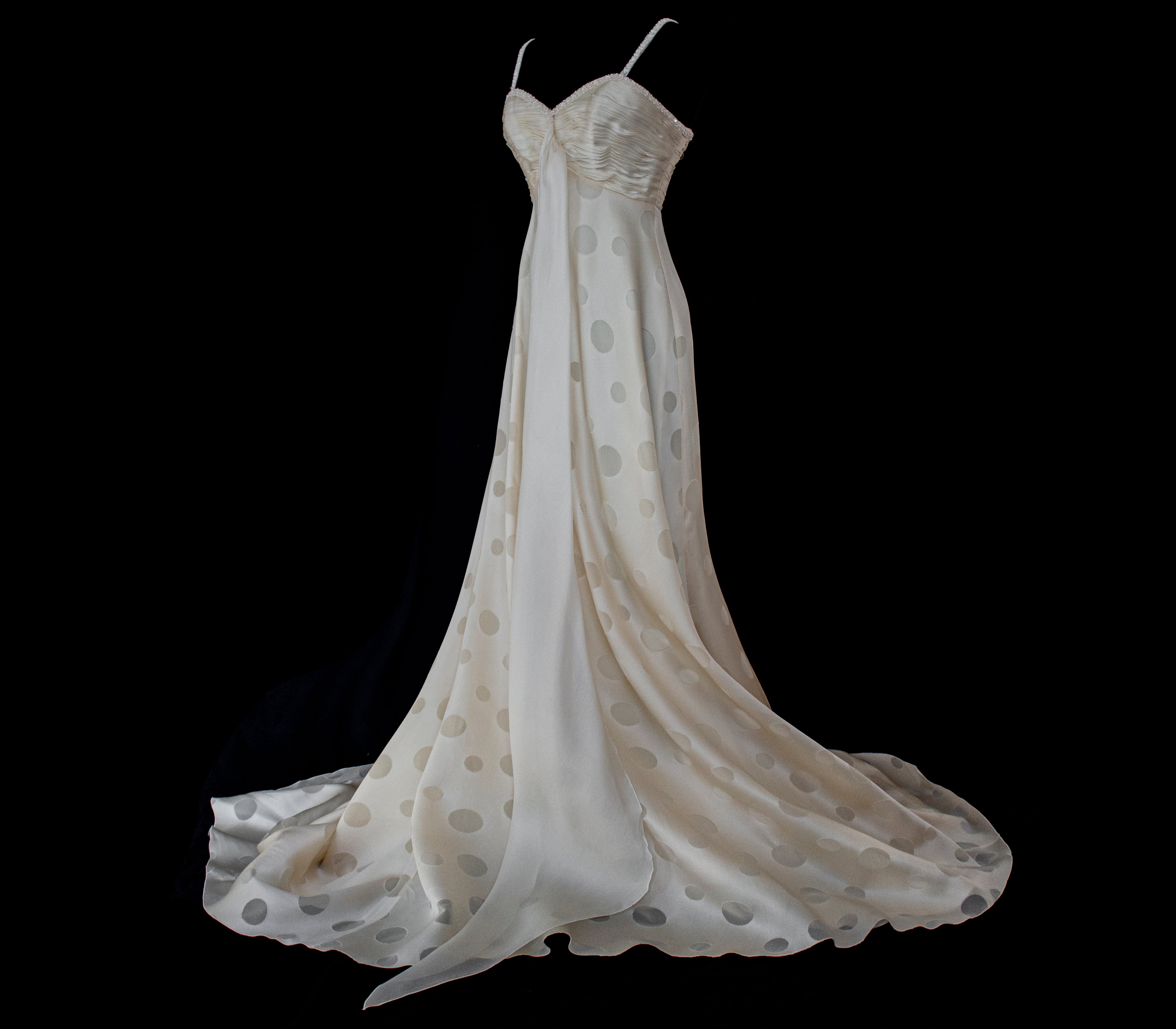 338 - IVORY CHAMPAGNE SILK ORGANZA WEDDING DRESS: POLKA / POIS DOT EMPIRE GOWN WITH BEADED STRAPS & FULL CIRCLE TRAIN - Vague atelier