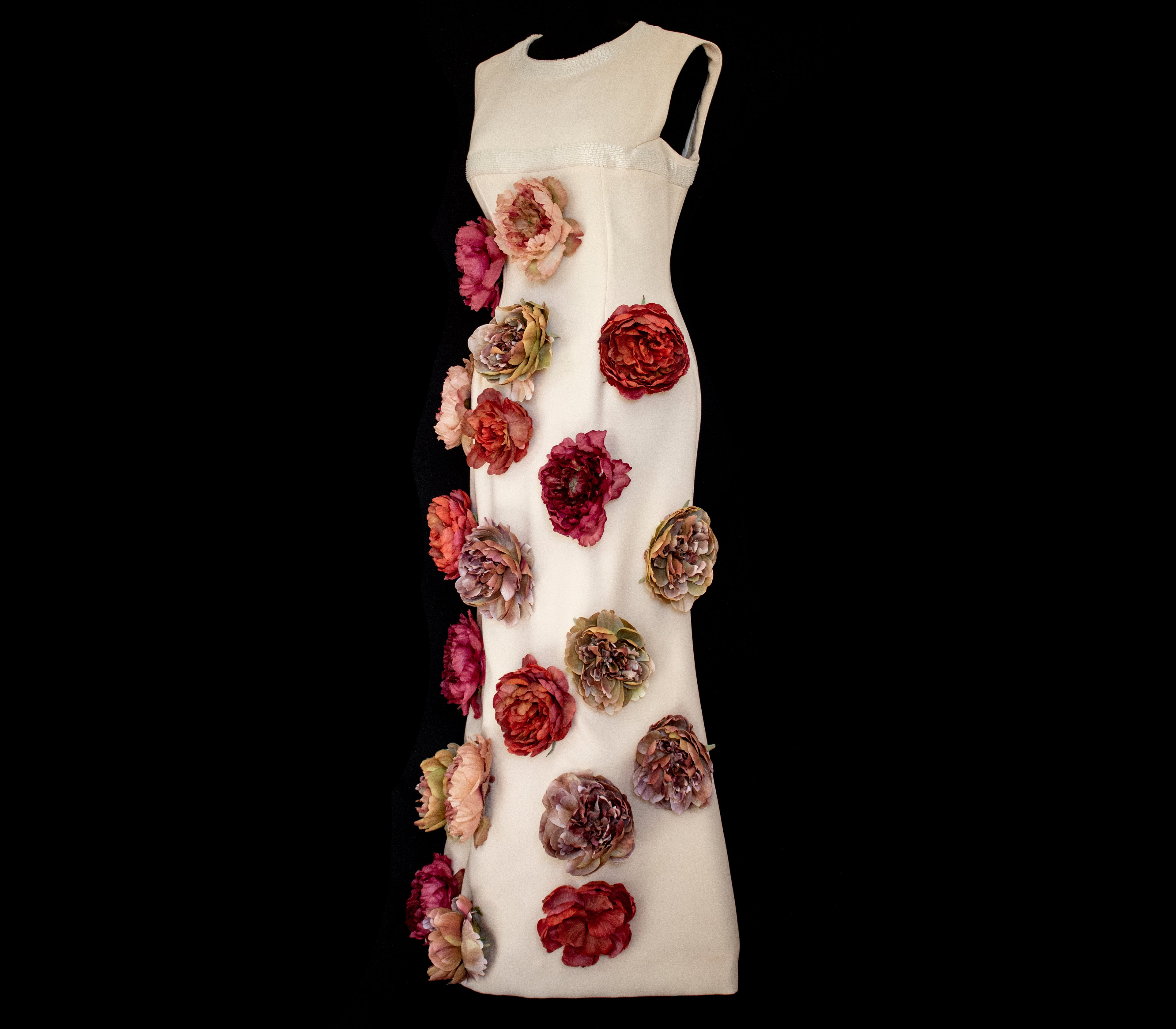 326 - SUSTAINABLE VINTAGE BRIDAL SET: WOOL CREPE DRESS & JACKET WITH COLORFUL PEONIES