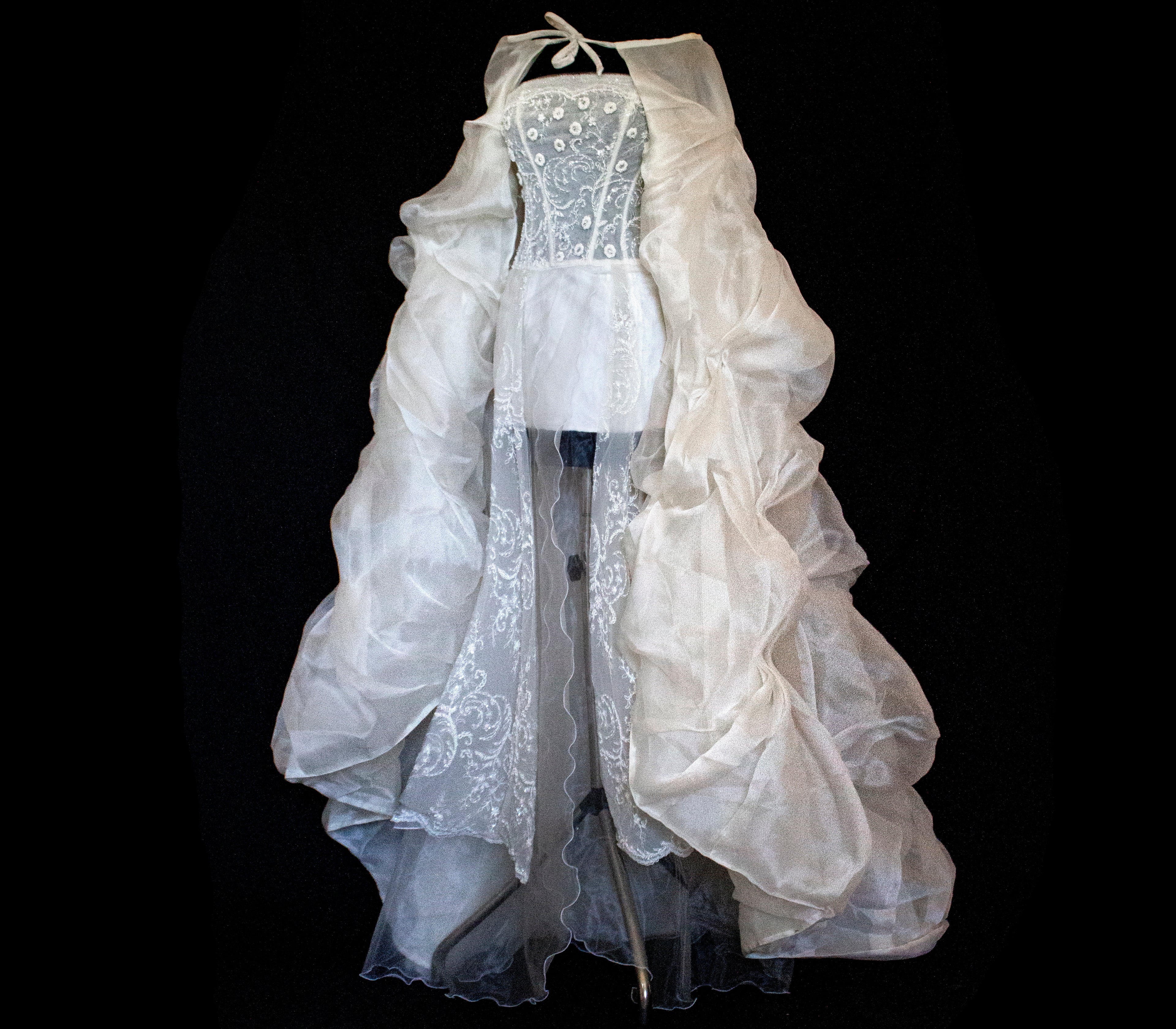 365 - VINTAGE 90s UPCYCLED EMBROIDERED WEDDING DRESS: STRAPLESS WRAP GOWN WITH IRIDESCENT DRAMA CAPE