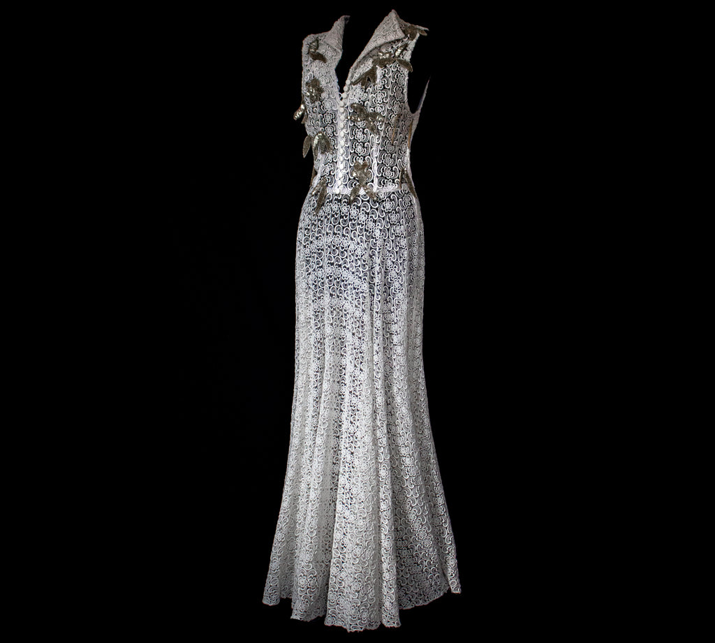 265 - RARE BOHO VINTAGE MACRAMÉ LACE SHIRT-DRESS: SOPHISTICATED CHEMISIER BRIDAL GOWN WITH SILVER SEQUINS - Vague atelier