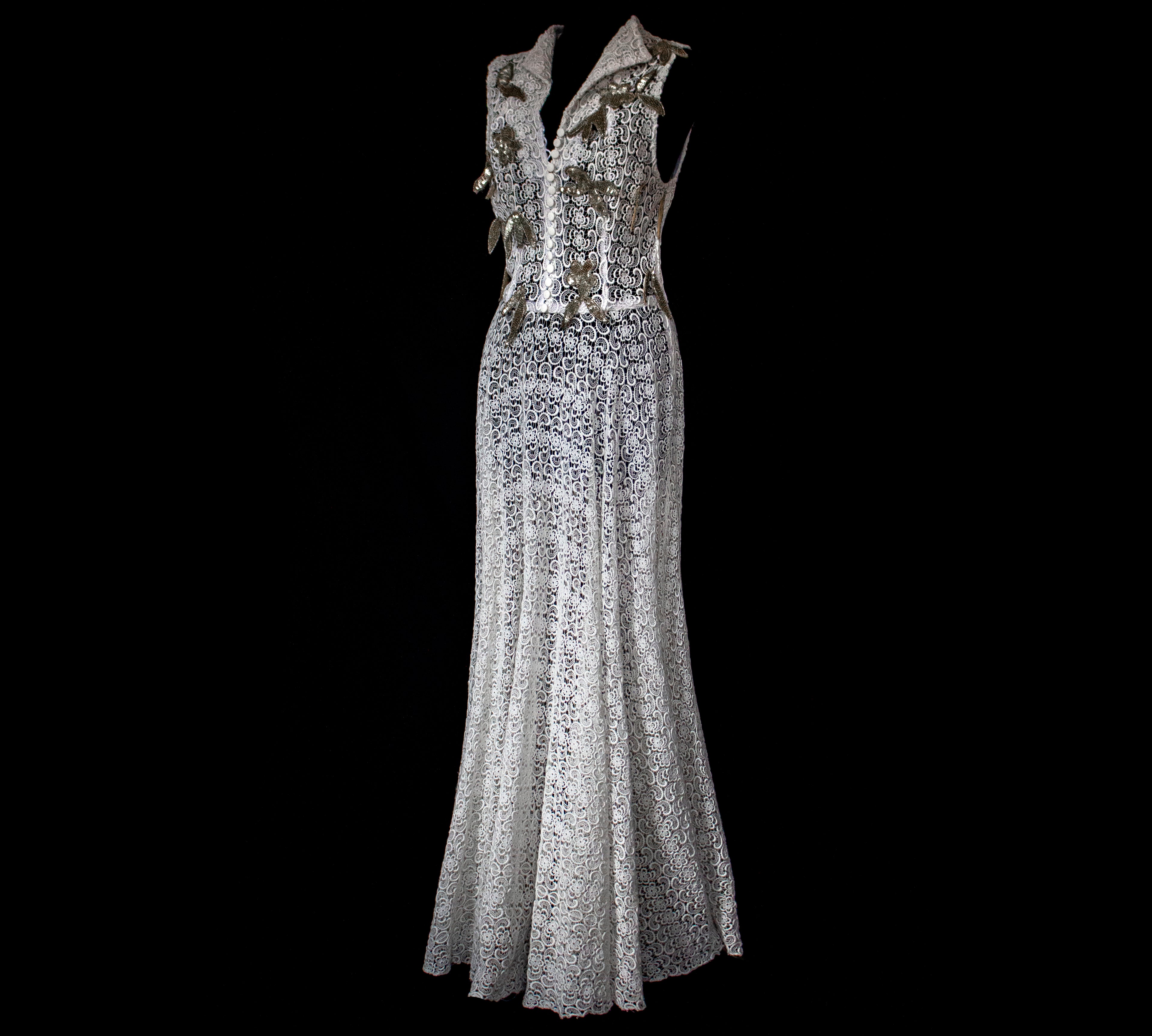265 - RARE BOHO VINTAGE MACRAMÉ LACE SHIRT-DRESS: SOPHISTICATED CHEMISIER BRIDAL GOWN WITH SILVER SEQUINS - Vague atelier
