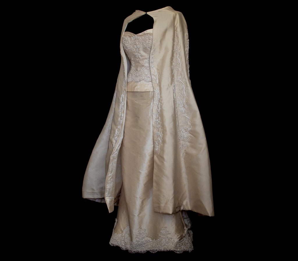 334 - IVORY SILK MIKADO VINTAGE WEDDING DRESS: COLUMN GOWN WITH EMBROIDERED CAPE & CRYSTALS - Vague atelier