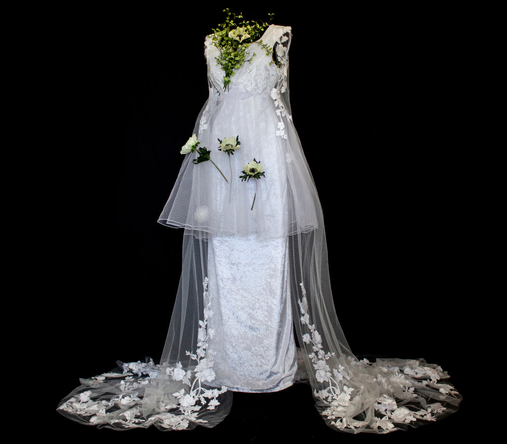 350 - UNIQUE VINTAGE UPCYCLED WEDDING DRESS: PEARL GREY VELVET SHEATH WITH TUTU & MAXI EMBROIDERED BRIDAL CAPE, SPRING BOHO STYLE - Vague atelier
