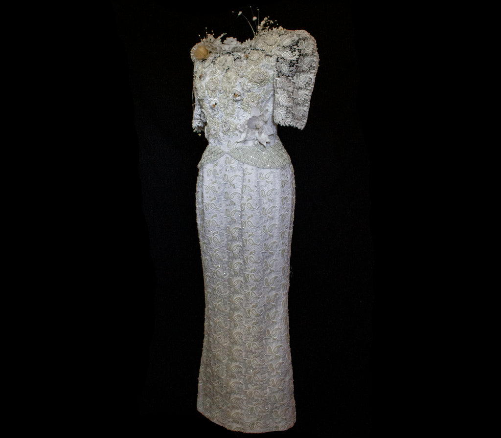359 - VINTAGE 80s BEADED LACE SHEATH DRESS: WHITE & GOLD WEDDING GOWN WITH 3D FLORAL DETAILS