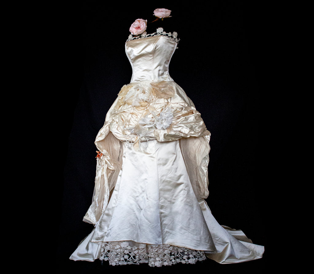 348 - UNIQUE UPCYCLED SILK MERMAID WEDDING DRESS: 90S CREAM TAFFETA GOWN WITH PINK PEONIES, EMBOSSED FLORAL DETAILS & BOHO ROMANTIC STYLE