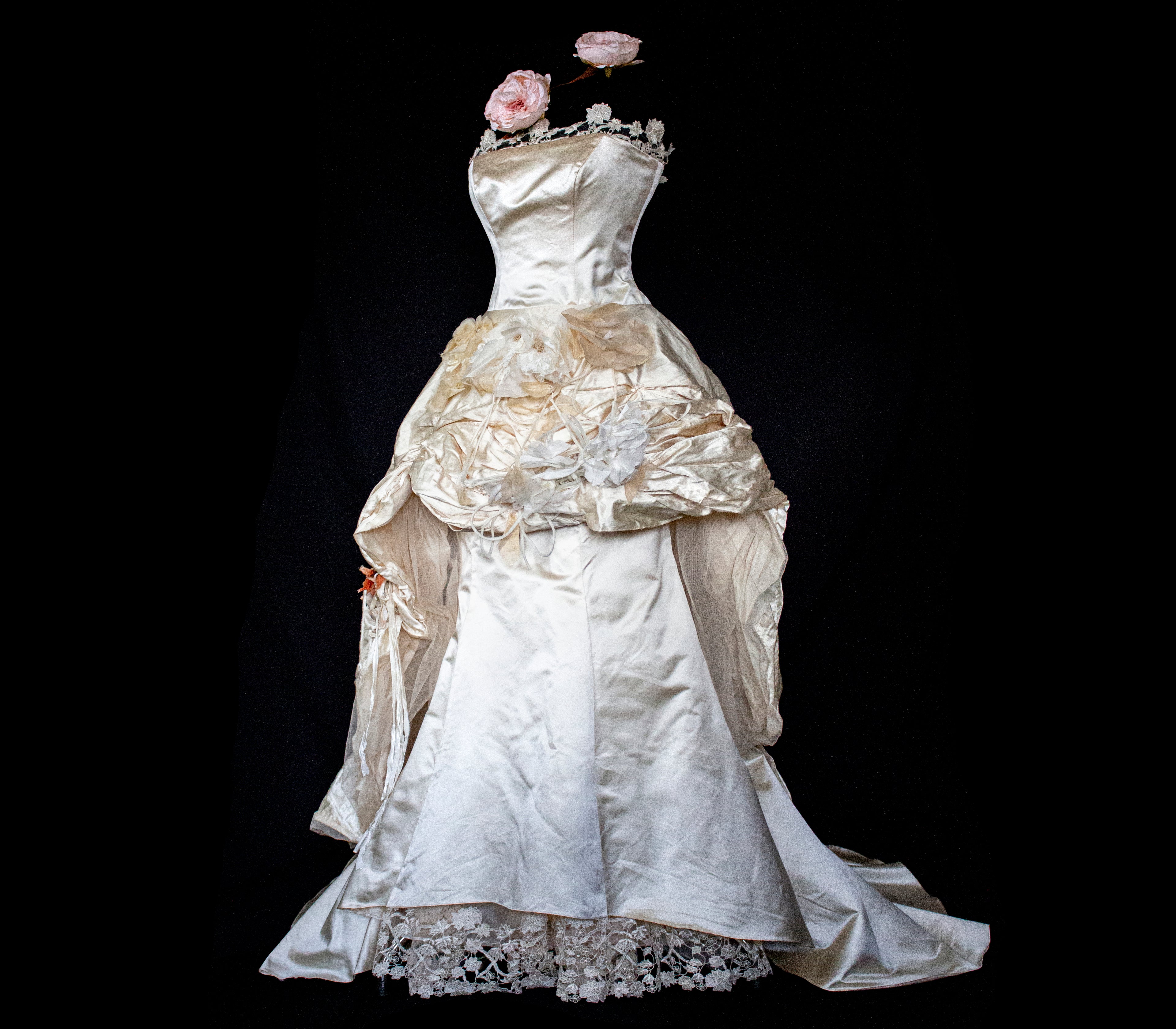 348 - UNIQUE UPCYCLED SILK MERMAID WEDDING DRESS: 90S CREAM TAFFETA GOWN WITH PINK PEONIES, EMBOSSED FLORAL DETAILS & BOHO ROMANTIC STYLE