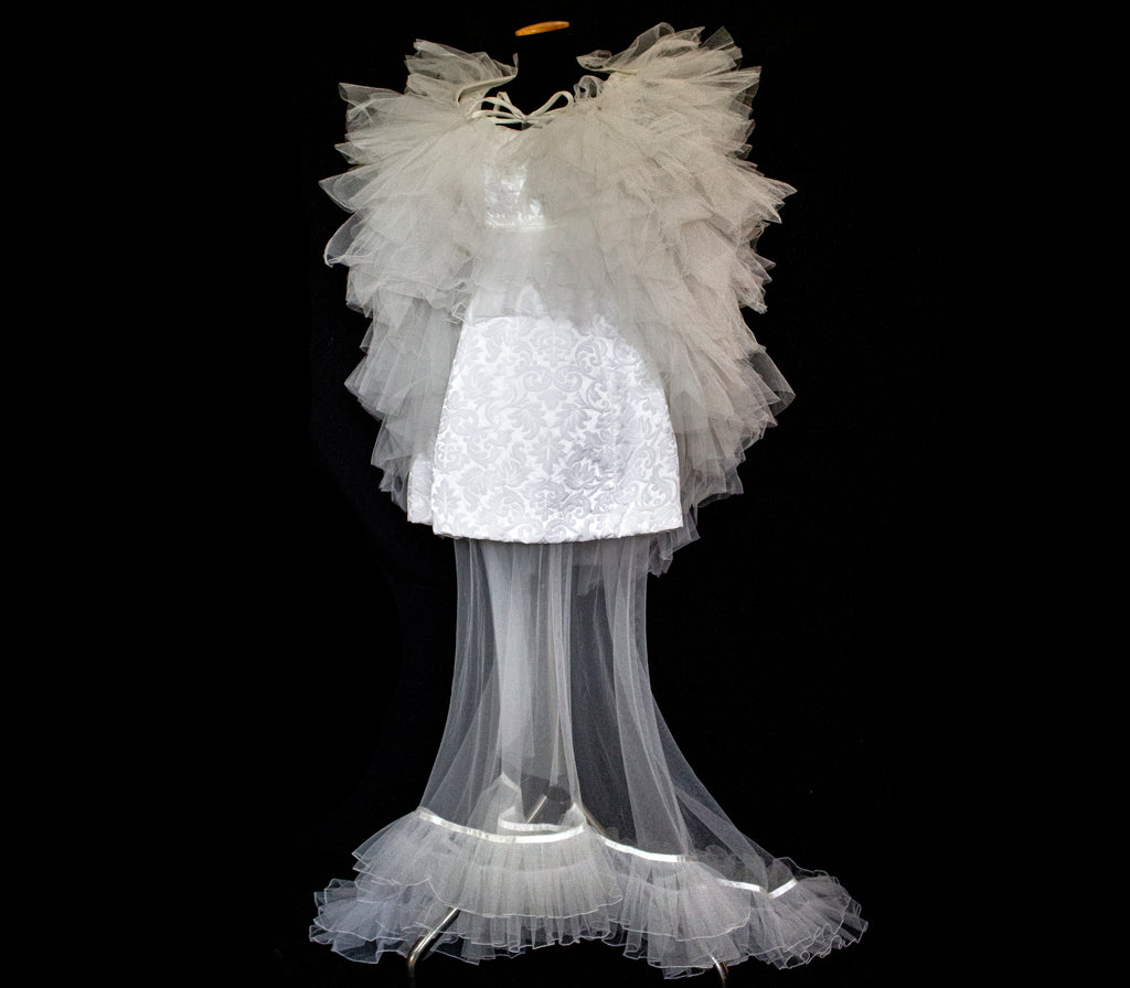 Vintage 90s Mini Wedding Dress | Damask Bridal Dress with Cape & Bow - 368