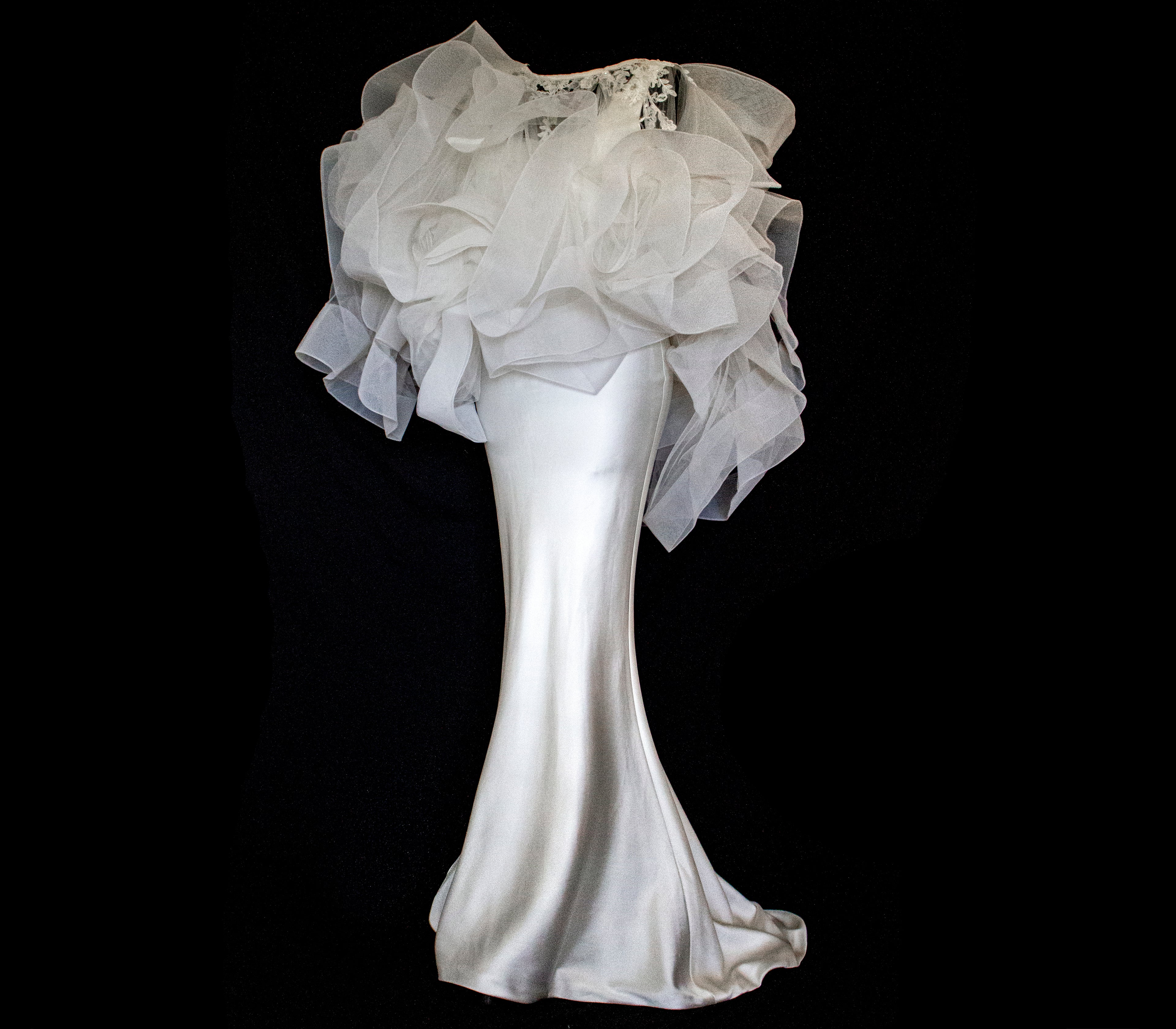 360 - VINTAGE SLIP STYLE WEDDING DRESS: CREAM FLUID SATIN GOWN WITH EMBROIDERED TULLE CAPE