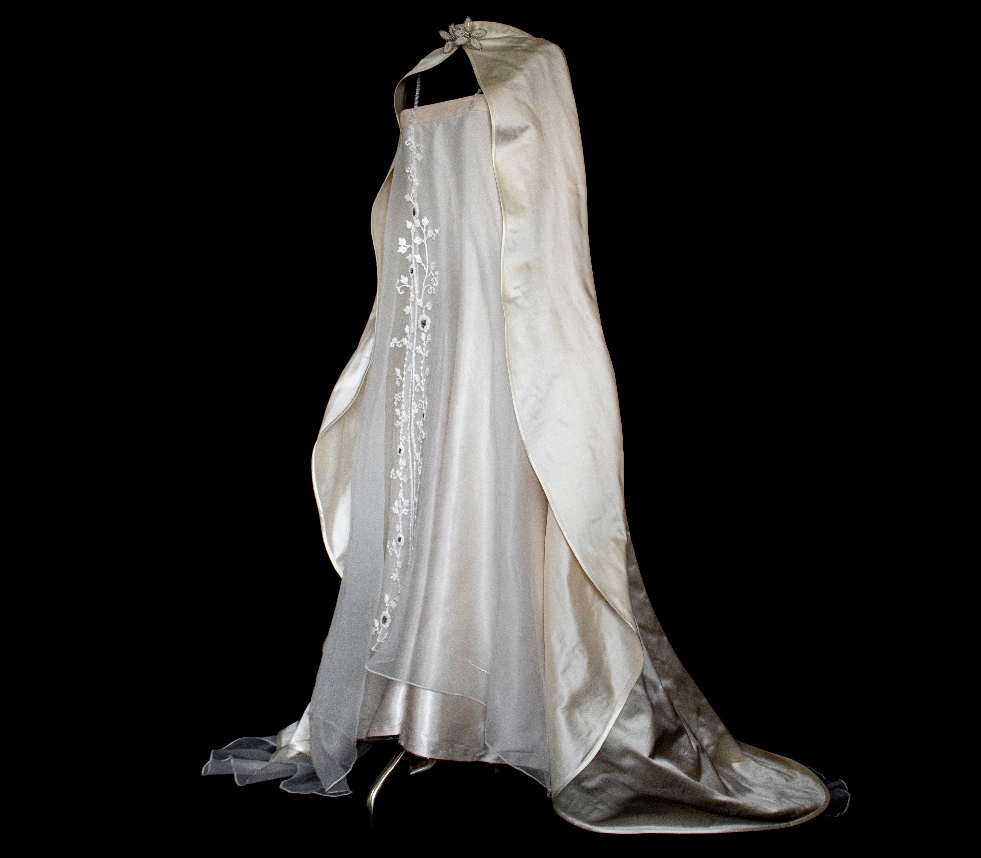 347 - UNIQUE UPCYCLED SILK SATIN WEDDING DRESS: POWDER PINK SLIP GOWN & IVORY CAPE ENSEMBLE, SILVER FLORAL EMBROIDERY, BOHO LUXURY