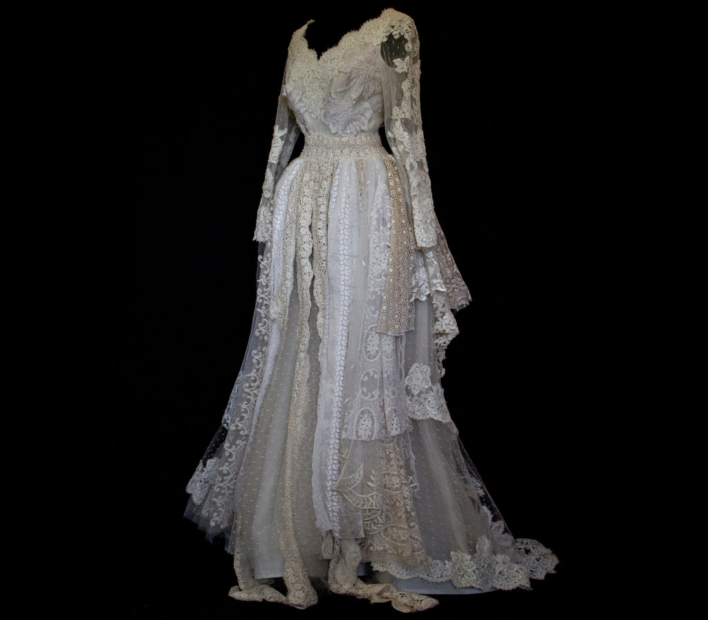 356 - VINTAGE 90s UPCYCLED LACE WEDDING DRESS: IVORY GOWN WITH POLKA DOT TULLE & ANTIQUE MACRAME DETAILS - Vague atelier