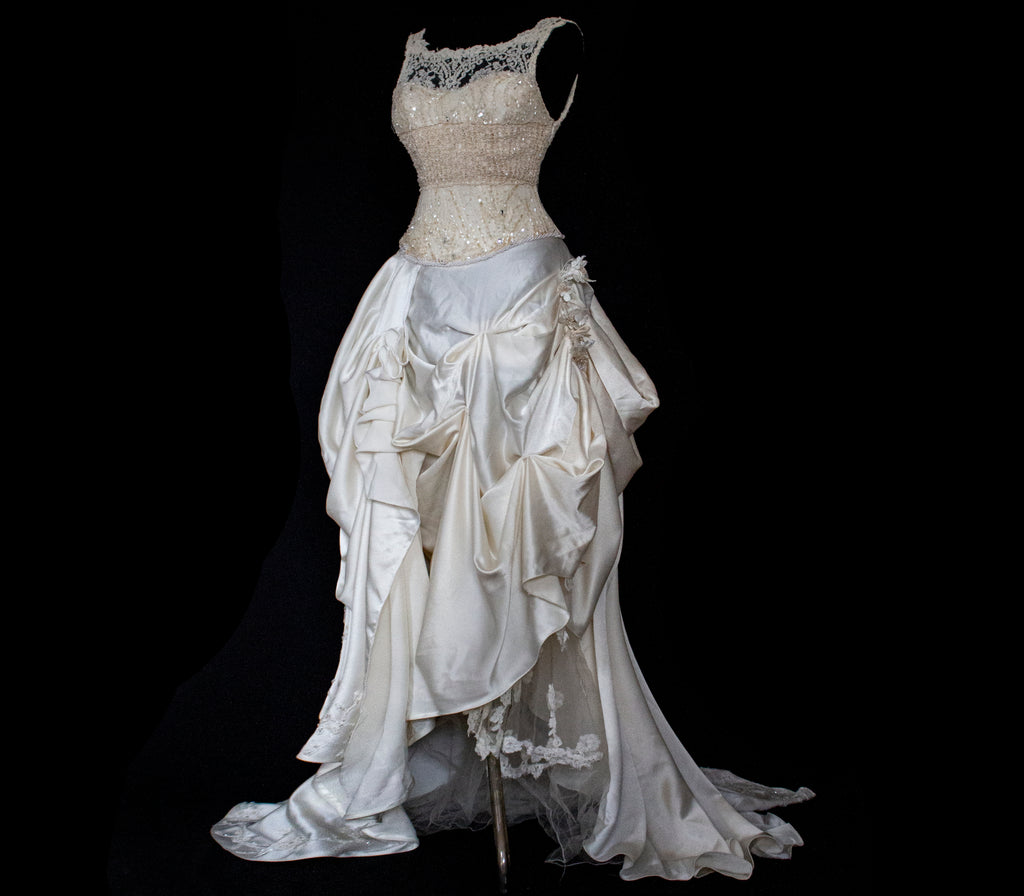 337 - IVORY CHAMPAGNE UPCYCLED COUTURE WEDDING DRESS: MIXED VINTAGE SILKS WITH HAND-EMBROIDERED LACE & FLORAL RAMAGE - Vague atelier
