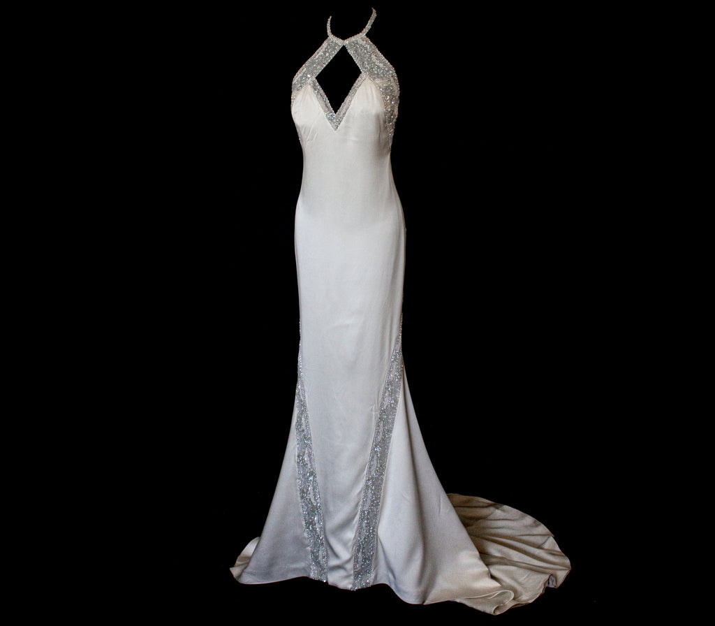 291 - OLD HOLLYWOOD VINTAGE MERMAID BRIDAL GOWN: BACKLESS SILK SATIN & ART DECO SILVER BEADING