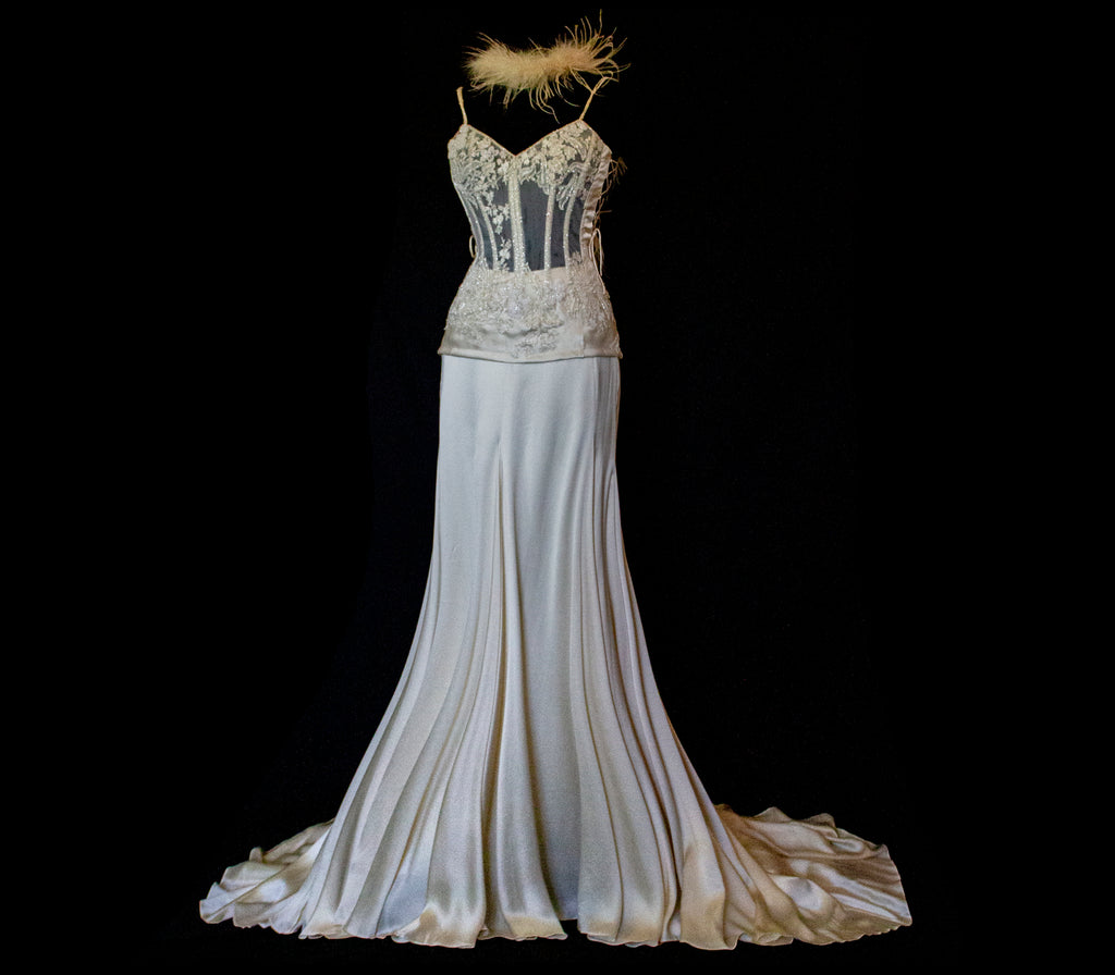 362 - VINTAGE 90s SILK BRIDAL TWO PIECE SET: EMBROIDERED BUSTIER AND FLUID CREAM SKIRT