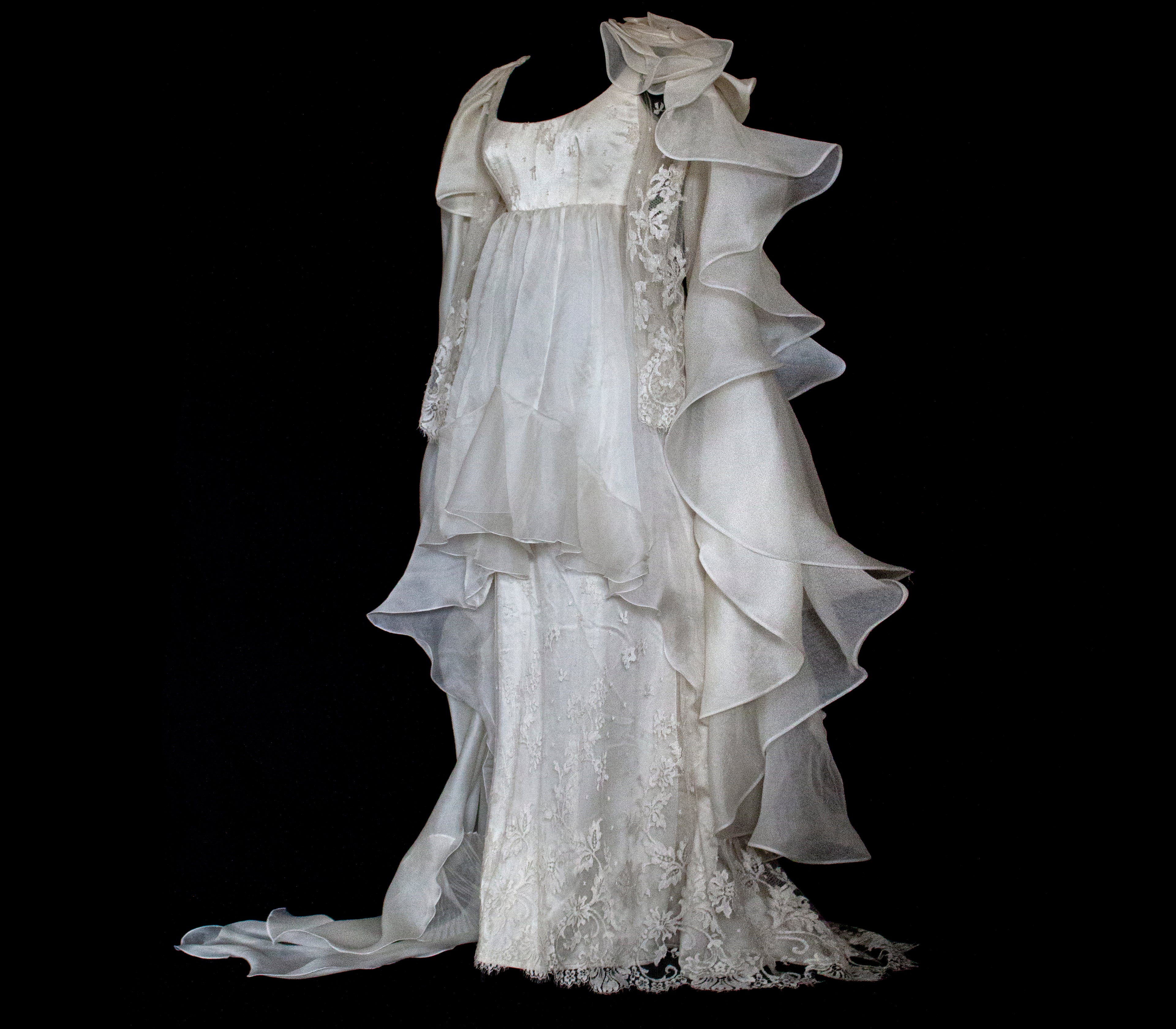 340 - OFF-WHITE SILK ORGANZA & ECRU LACE UPCYCLED WEDDING DRESS: UNIQUE EMPIRE GOWN WITH PLEATED WINGS